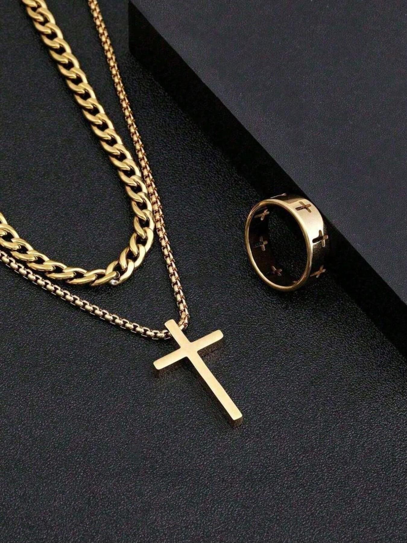 3pcs Teen Fashion Multi-Functional Stainless Steel Jewelry Accessories Set, Trendy Jewelry Set, Cross Necklace Bracelet Ring, Perfect Gift, Jewelry for Teens, Accessory Set