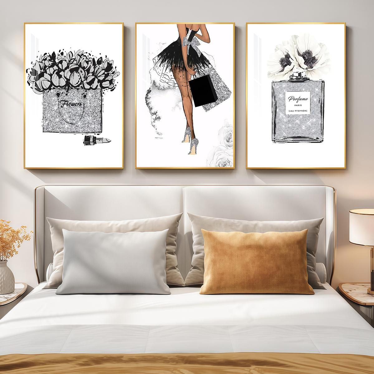 3 Counts Aluminum Alloy Framed Painting, Fashion Girl Perfume And Flower Art Prints, Home Decoration For Living Room, Bedroom, Office, Restaurant, Hallway Wall Decor, Odorless Print Artwork, Luxury Perfect Gift For Friends And Family