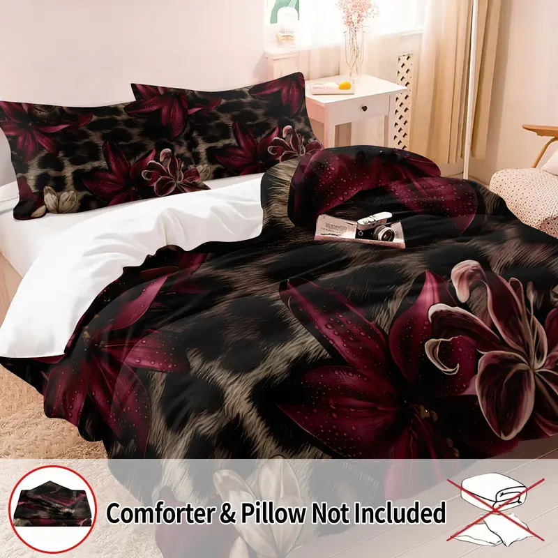 3PCS Dark Leopard Burgundy Floral Duvet Cover Set (1 Duvet Cover + 1-2 Coreless Pillowcases), Vintage Wild Leopard Texture Wine Red Lily Pattern, Soft Comfy All Seasons Bedding Set,Ideal for Elegant Retro Dark Style Bedroom Decor, Decorative Bedding Set