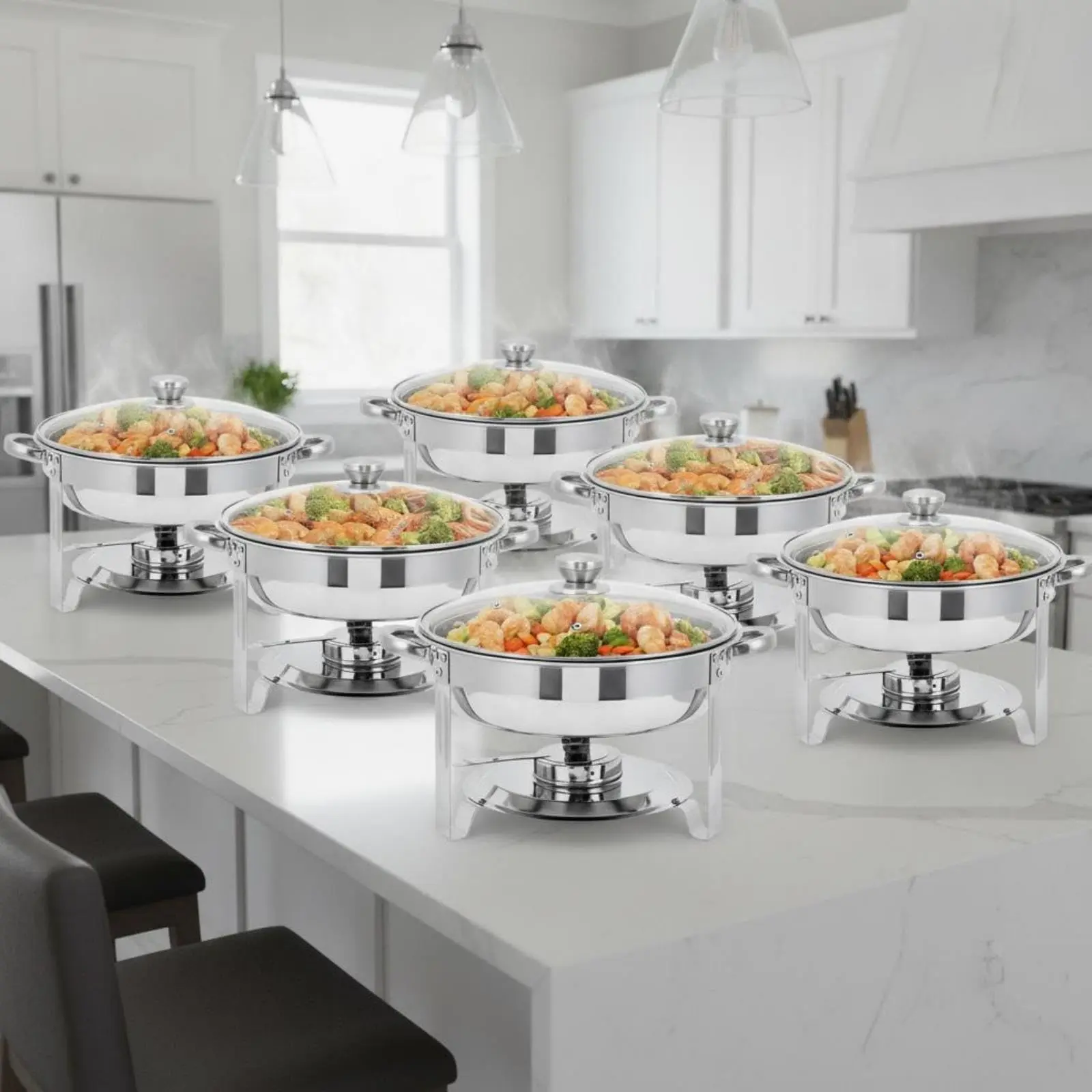 Garvee Stainless Steel Round Chafing Dish Buffet Set with Glass Lid, Food & Water Pans, and Fuel Holder - Ideal Food Warmers for Weddings, Parties, Catering Events