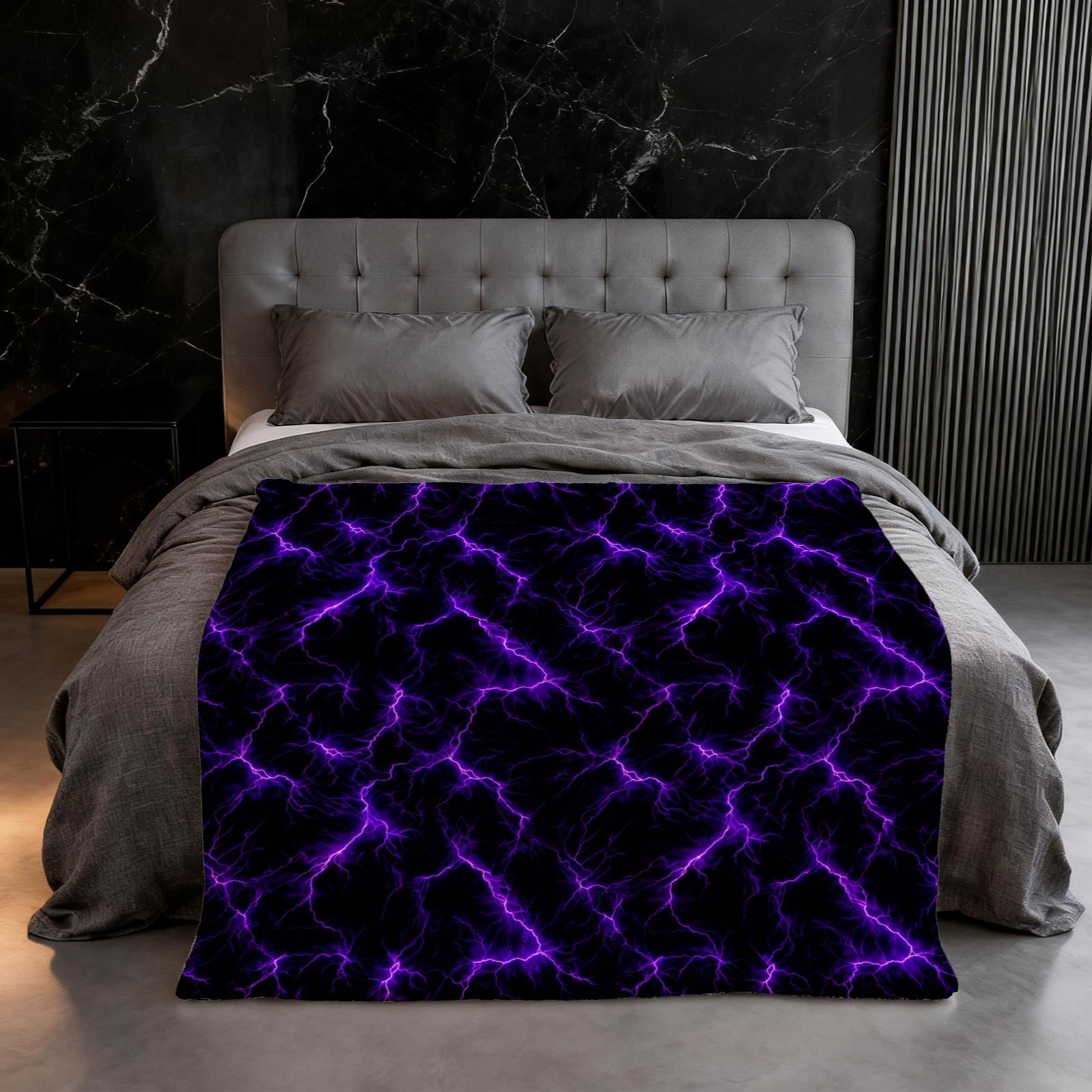 Purple Lightning Flannel Blanket, Single-Side Printed, Cool & Trendy Neon Style, Soft & Skin-Friendly, Multi-Use Throw for Sofa, Bed, Camping & Travel, All-Season, Perfect Gift Option