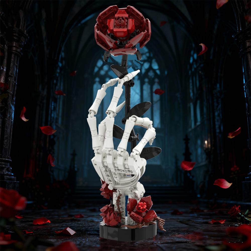 350PCS+ Dark Gothic Skeleton Hand With Rose Building Blocks  Bricks Set Horror Valentine Gift Black Romantic Home Decoration