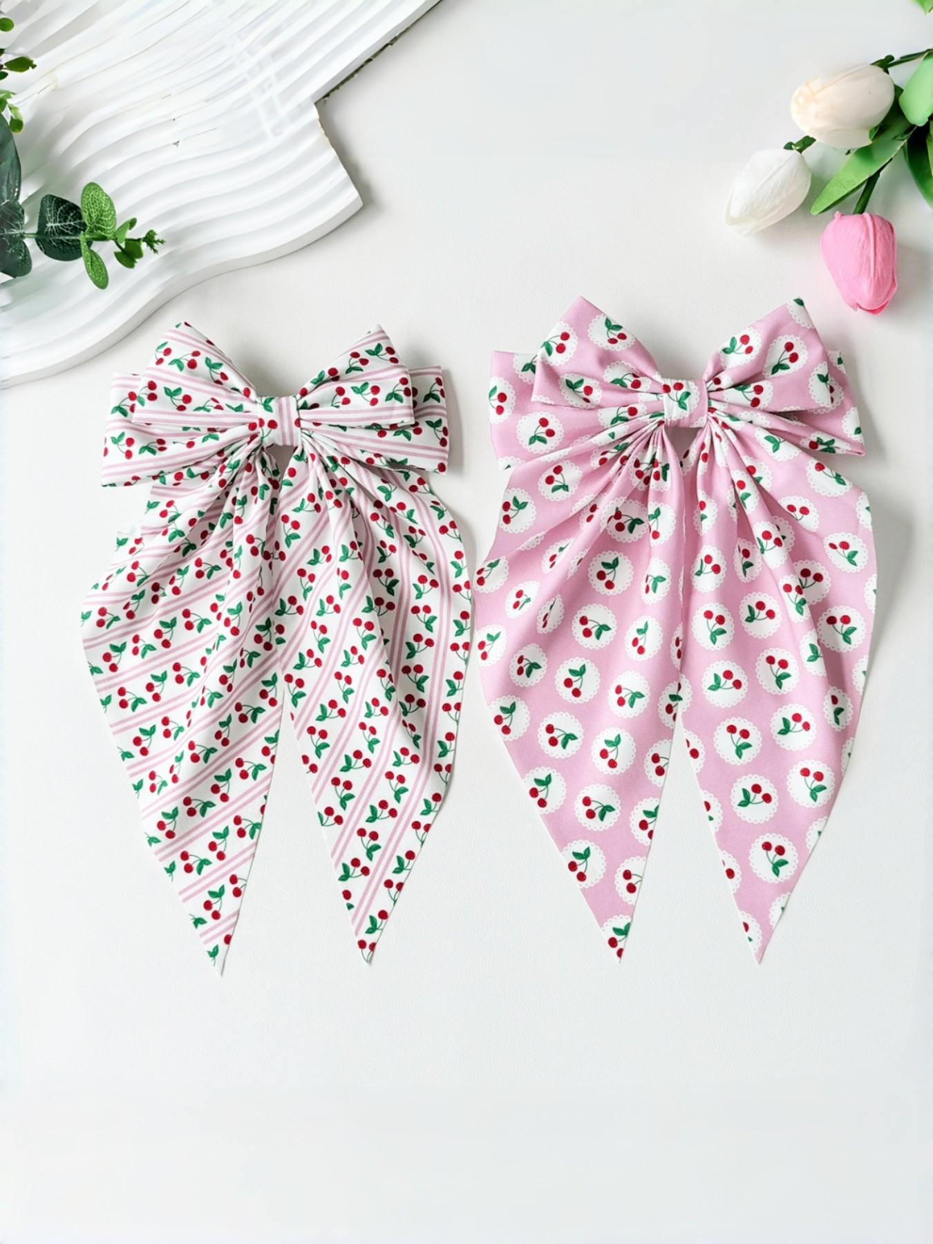 4pcs Women's Cherry Bow Hair Clips, Spring Clips, Fruit Pattern Print, Cute Style, High Elasticity, Non-Slip, Daily Wear, Photo Props