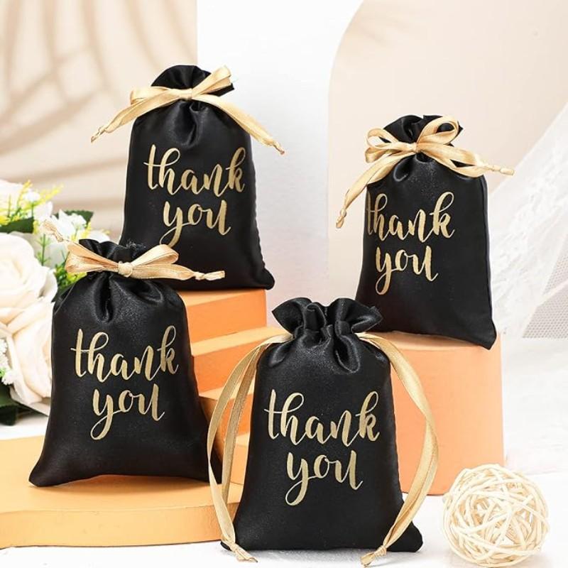 10/30 Pcs Thank You Satin Gift Bags with Drawstring Jewelry Candy Pouches for Wedding Bridal Baby Shower Employee Appreciation Birthday Party Thank You Bags Gift Wrap(Black, Gold,4 x 6 Inch)