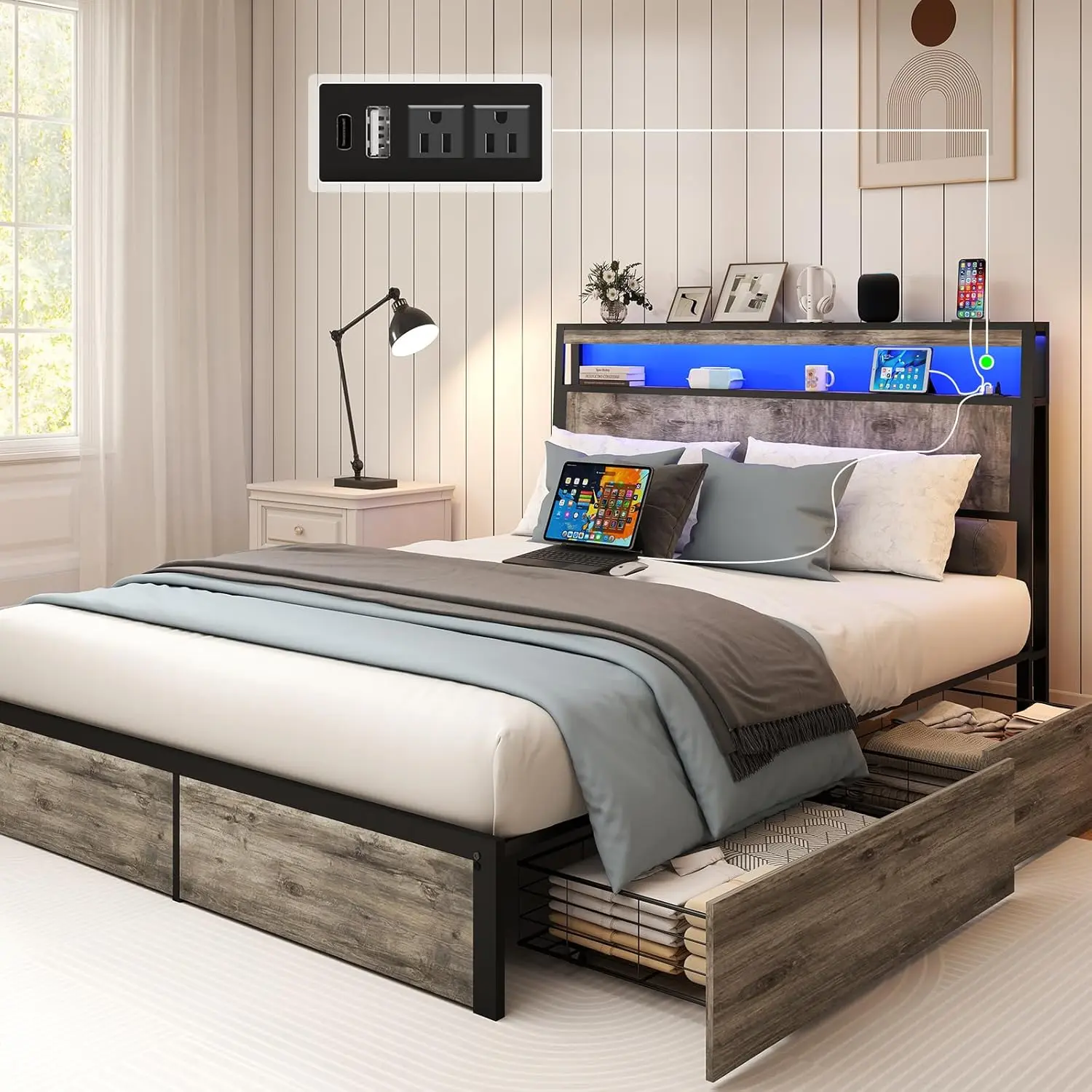 Full Size Grey Metal Platform Bed Frame with 4 Storage Drawers, Wood Headboard with LED Light and Charging Station, Noise-Free, Easy Assembly, No Box Spring Needed