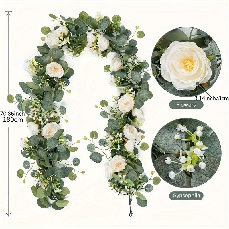 70-Inch Eucalyptus and Rose Garland, Plastic Flower Vine for Home Decor, Wedding, Engagement Table Decoration, Suitable for Various Room Types, Featherless Plastic Floral Vine, Ideal for Party Tables & Indoor Wall Backdrops, Artificial Eucalyptus Garland