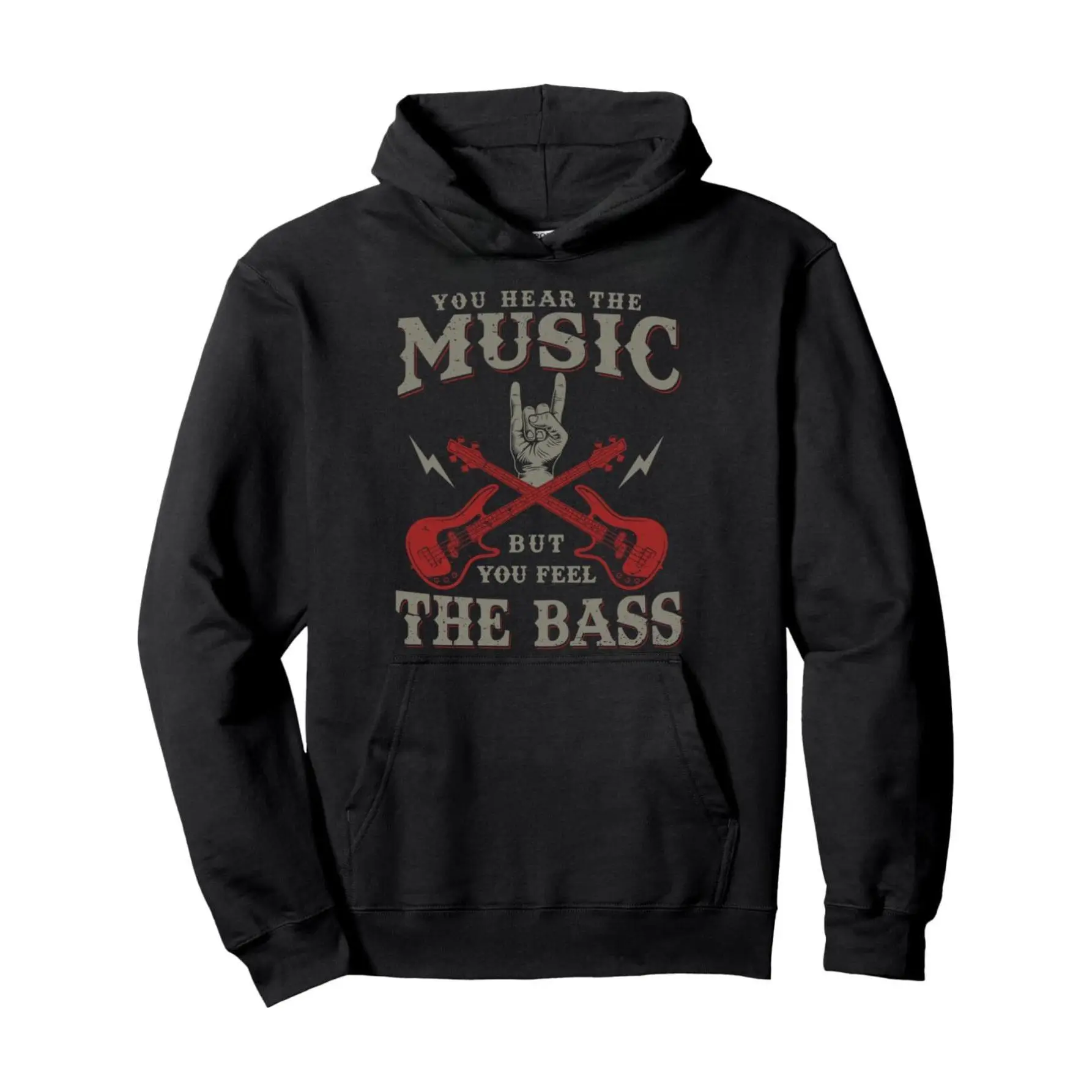Men's Bass Guitar Graphic Hooded Sweatshirt |   Music Note & Band Design with "You Hear The Music But You Feel The Bass" Slogan, Hoodie with Drawstring Hood, Long Sleeve Casual Wear for Bass Players & Music Lovers