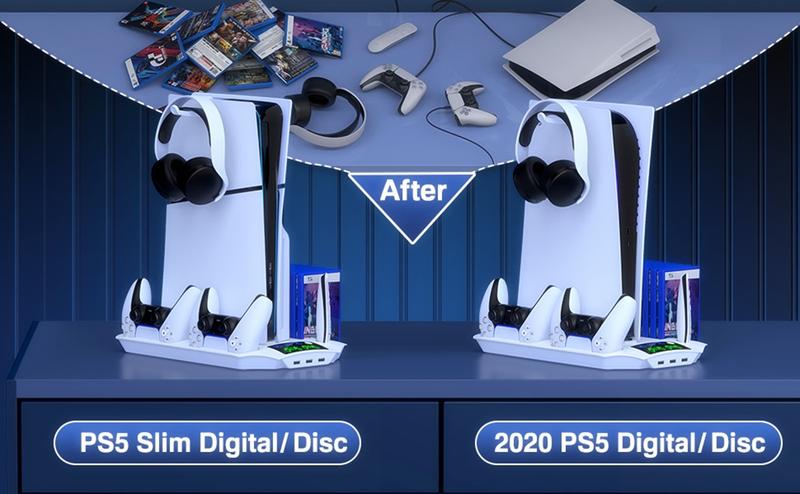 PS5 Stand for PS5 Slim Disc Digital, PS5 Cooling Station and Controller Charging Station for Playstation 5 Accessories with 3 Levels Cooling Fan, 3 USB Hub, Headset Holder, 13 Game Slots, Media Slot