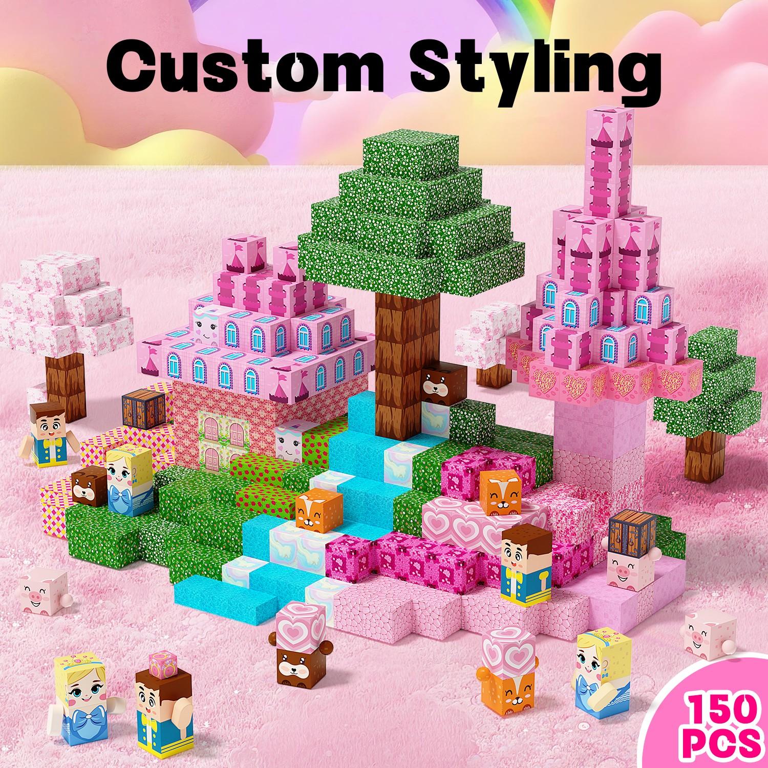 Light Up Magnetic Building Blocks Set 100/150/200 PCS, Pink Princess Castle Theme，Llluminated Magnetic Cubes for Girls & Boys 3+ Years Old, STEM Montessori Sensory Toys for Spatial Reasoning & 3D Construction, Christmas Birthday Gift