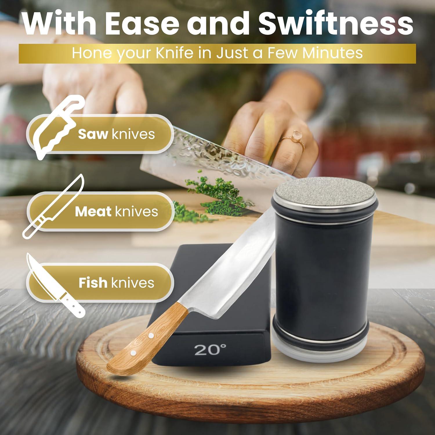 Rolling Knife Sharpener Kit, Chef Knife Sharpener Tool for Kitchen Knives, Roller Knife Sharpening System with 15 & 20 Degree Magnetic Angle, Wooden Roller with Diamond Discs