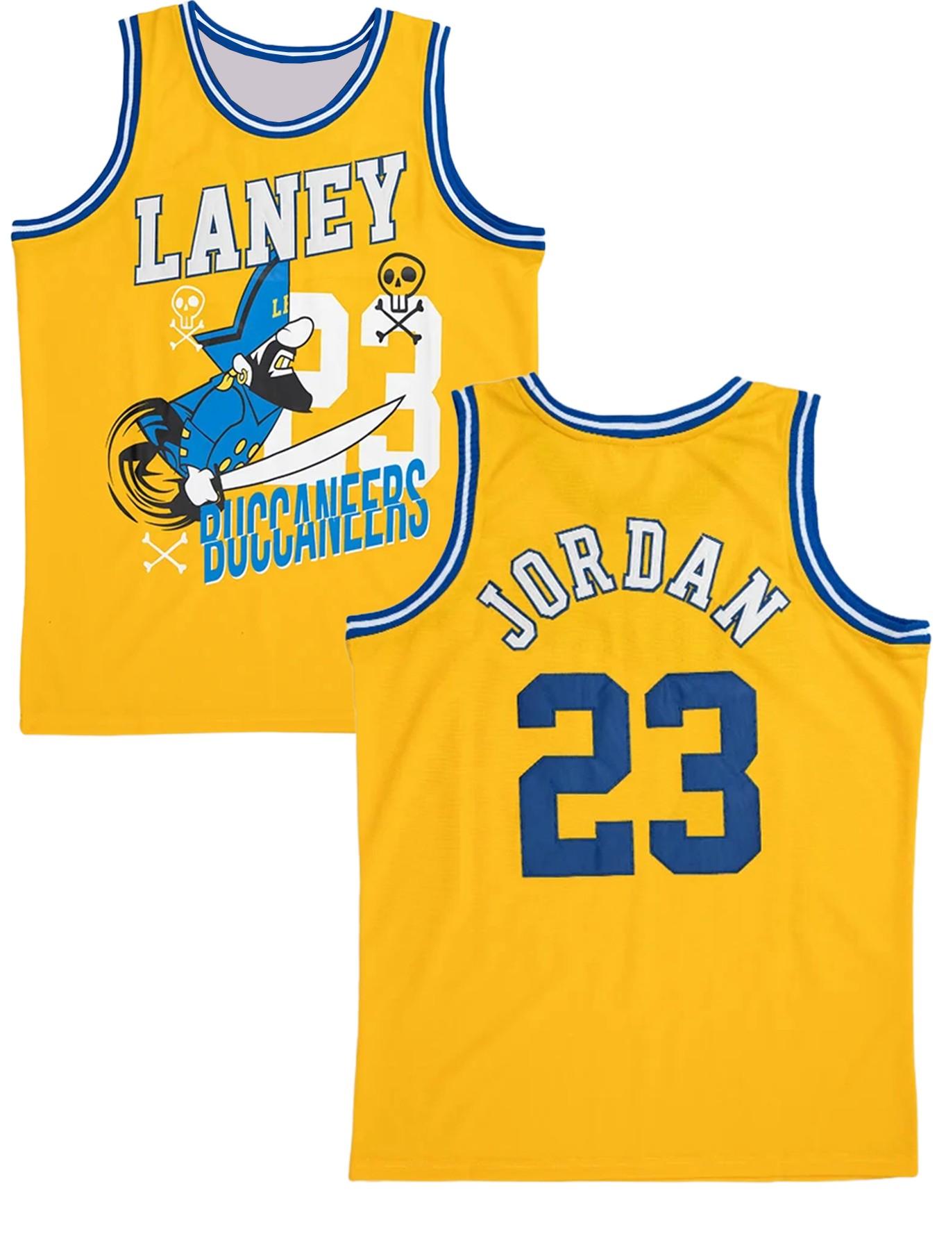 Laney High School Buccaneers Michael Jordan #23 Retro Basketball Jersey Yellow Blue Pirate Print Breathable Mesh Sleeveless Vintage Tank Top for MJ Fans Basketball Collectors High School Basketball Enthusiasts Legends Supporters