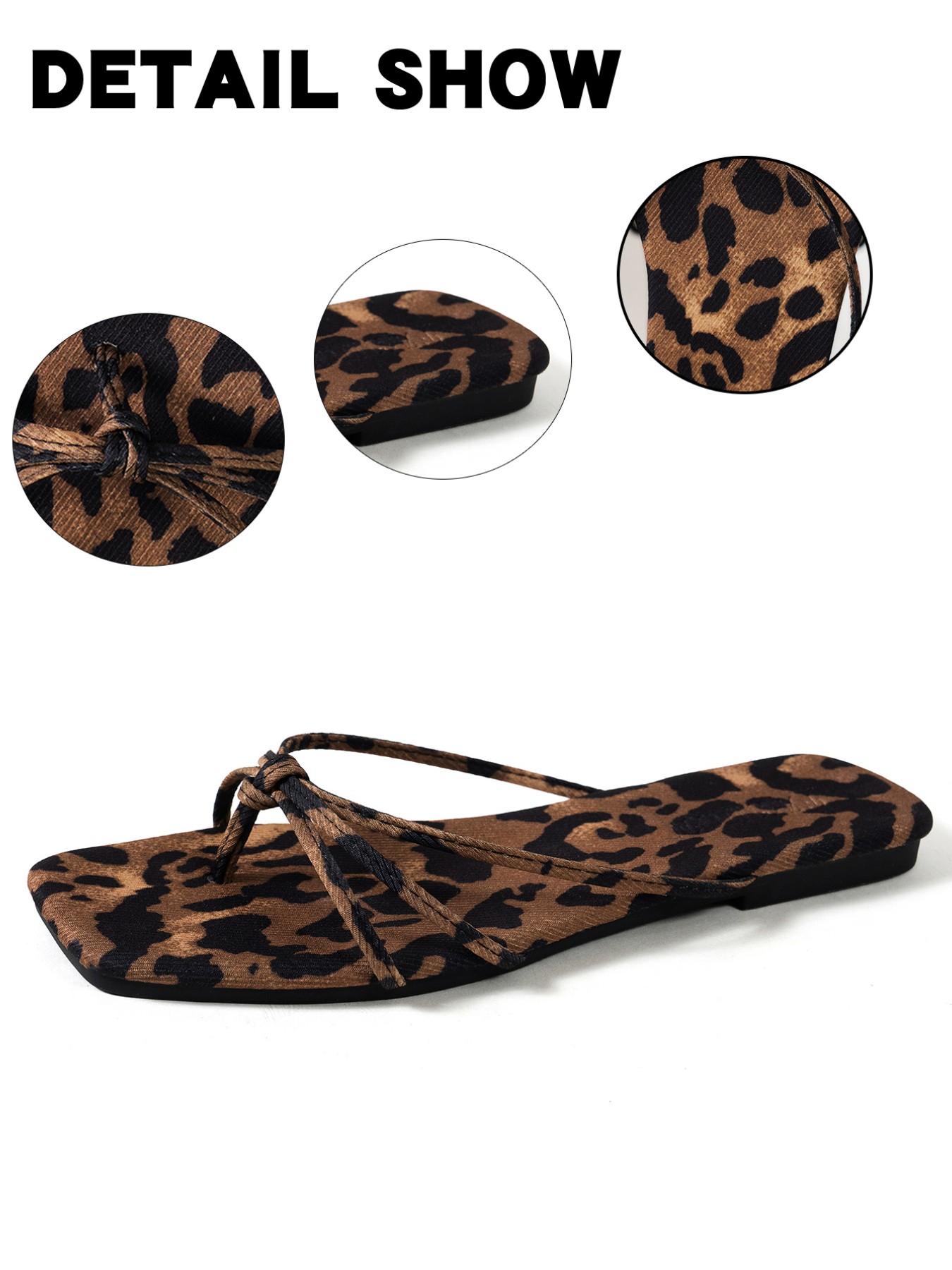 Women's Wide Fit French Style Square Toe Leopard Print Flat Sandals, Summer Festival Vacation Fashion Casual Beach Shoes, Fashionable Casual Sandals