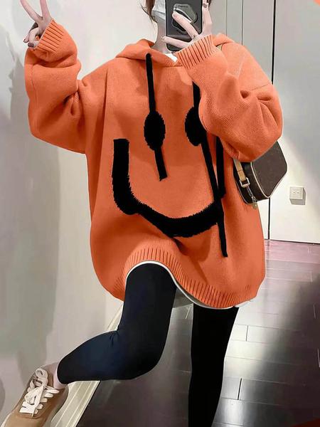 Women's Cartoon Face Print Drop Shoulder Hooded Sweater, Fashion Casual Long Sleeve Drawstring Hooded Sweater for Daily Holiday Outdoor Wear, Women Knitwear for Fall & Winter, Sweaters for Women