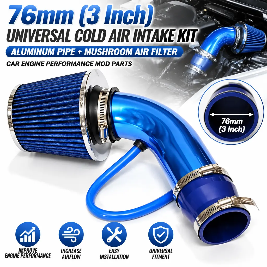 Boost Engine Power! 76mm 3 Inch Universal Cold Air Intake Kit, Aluminum Pipe Mushroom Air Filter for Car Performance Mod,Pre-lit