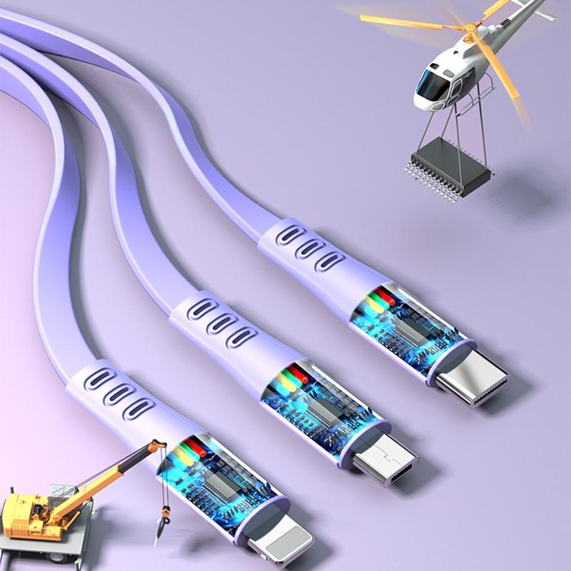 120w 6a Ultra Fast Charge Type-C Rechargeable Cable, 1.2m USB Charging Line, 3-In-1 Quick Charge Compatible Devices