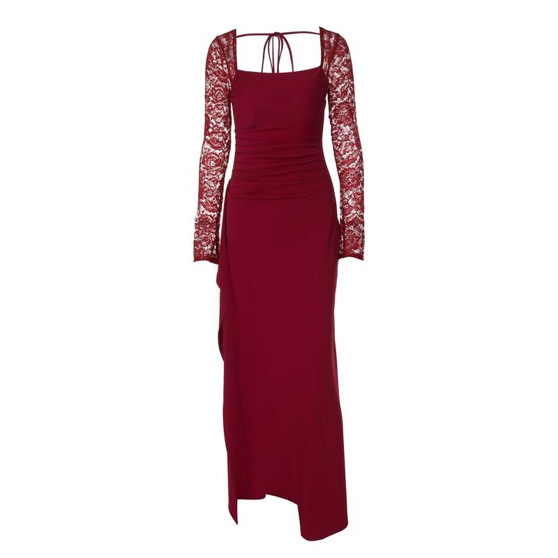 Women's Solid Contrast Lace Long Sleeves Split Thigh Bodycon Cocktail Dress, Square Neck Ruched Cut Out Backless Lace-up Plain Slit Maxi Dress, Elegant Party Club Date Evening Gown Daily Casual Long Dresses For Ladies Spring & Fall Clothes Wear