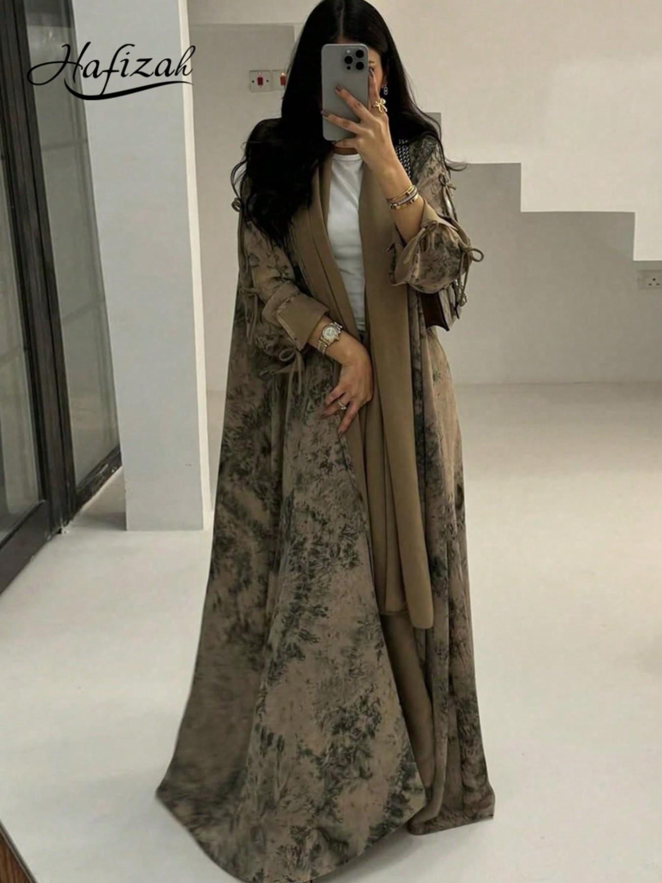 Vintage All Over Print Floral Bow Decor Long Outerwear and Solid Color Scarf Set, Lightweight Chiffon Fabric, Aesthetic Casual Women's Two-Piece Set for All Seasons