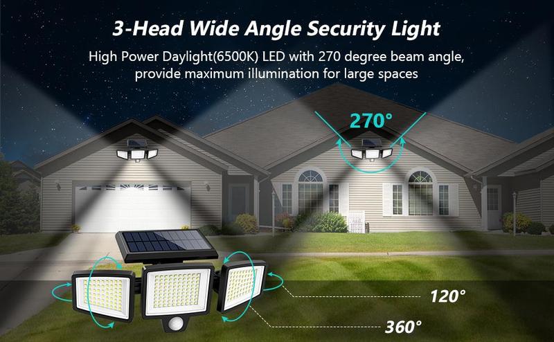 Tuffenough 3 Heads Motion Sensor Lights, 270° Wide Angle Flood Wall Lights with 3 Modes,IP65 Waterproof,Suitable for Backyard Garage  Christmas