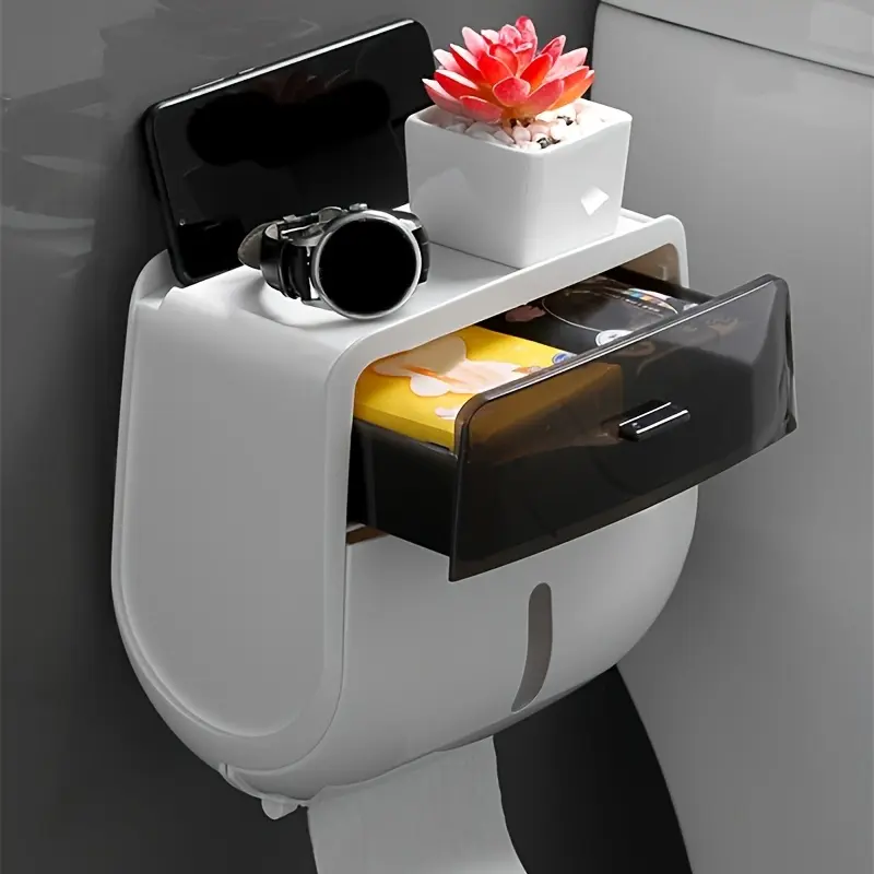 Modern Plastic Double-Layer Large-Capacity Wall-Mounted Waterproof Toilet Roll Holder, Bathroom Tissue Dispenser & Storage Box, Hotel Bathroom Accessory