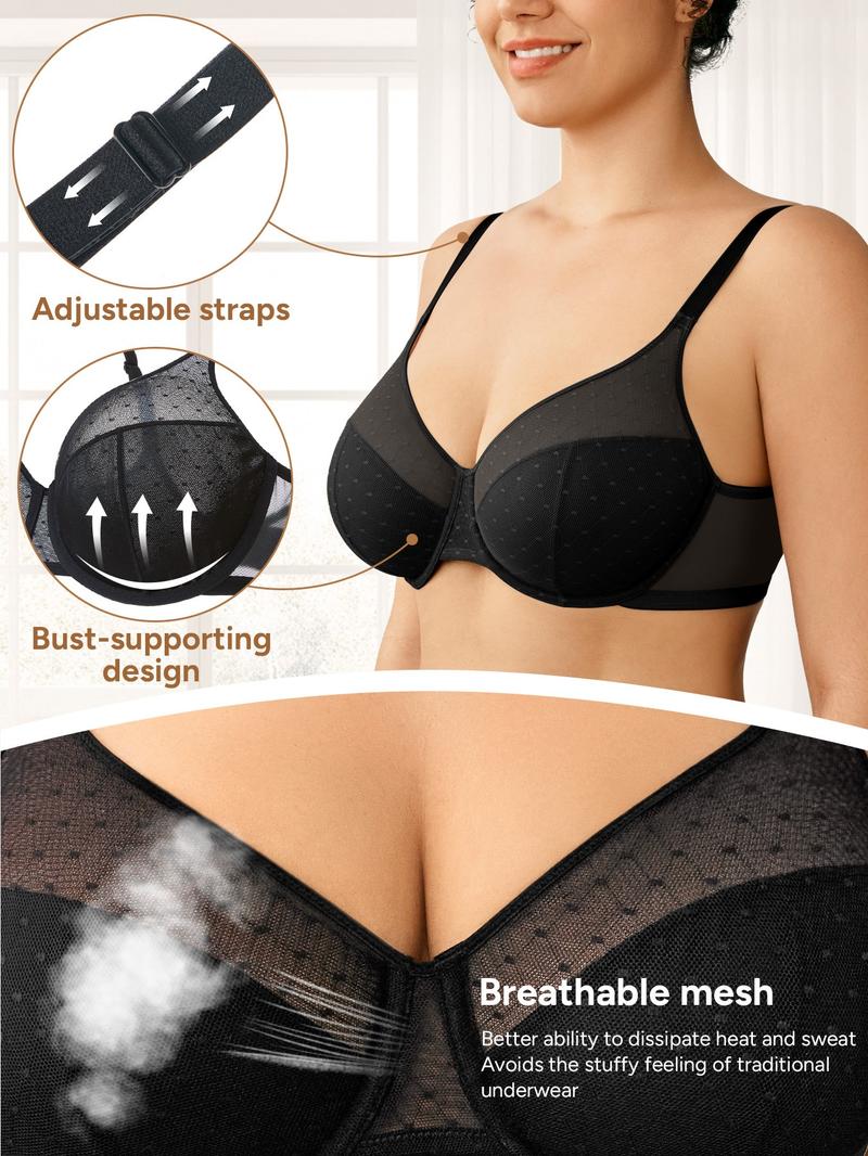 Women's Polka Dot Lace Underwire Full Cup Bra, Comfortable Breathable Mesh Cups, Medium Support, Fitted Design, All Seasons