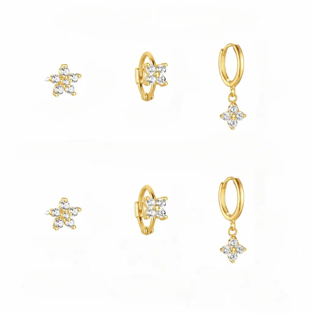 Women's 14K Gold Plated Flower Cubic Zirconia Earrings Set - Hypoallergenic Stackable Stud, Huggie, Dangle Hoop Jewelry - Tiny CZ Floral Multi-Pair Accessory for Work, Party, Holiday Gifting girlfriend wife mom