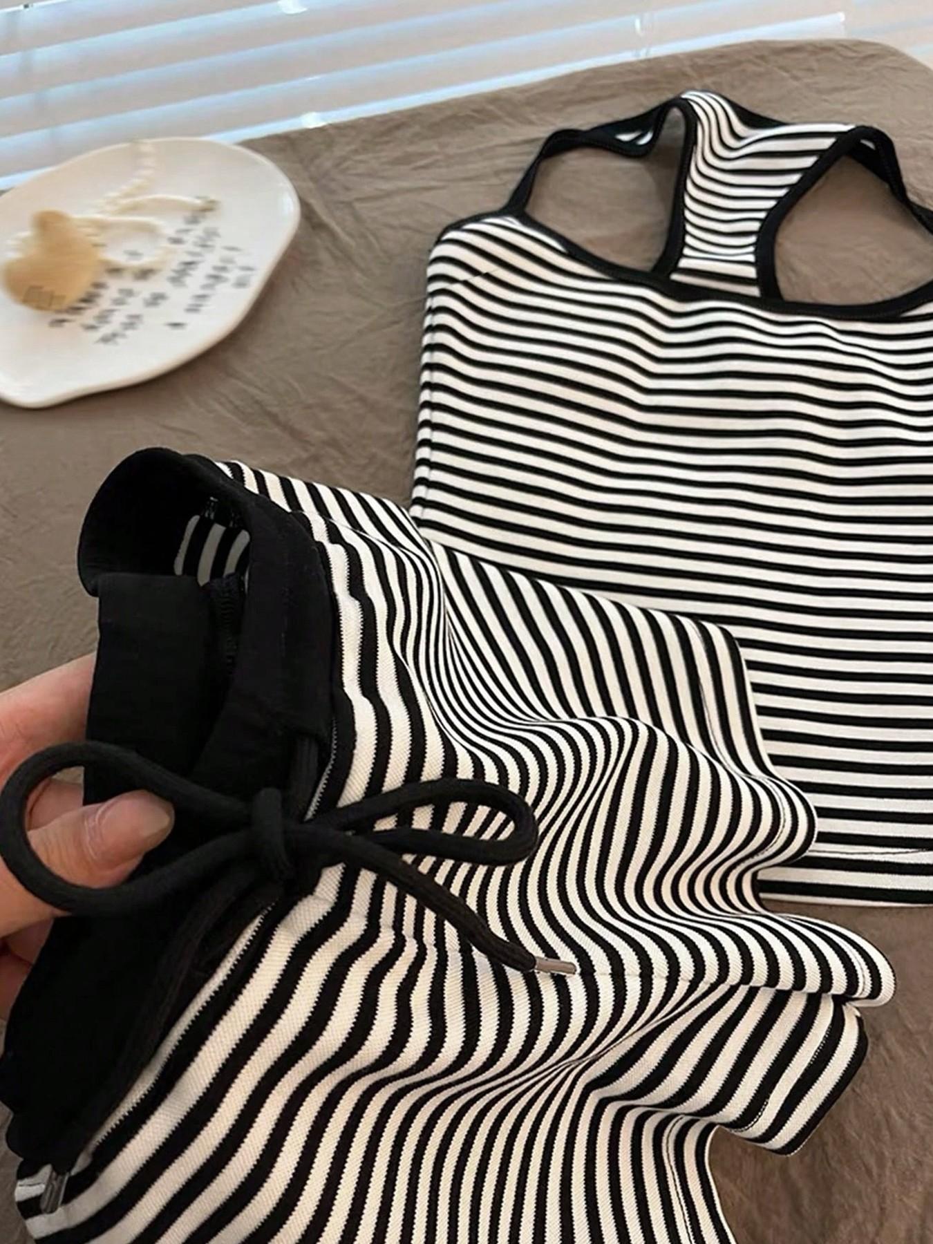 Basic Striped Casual Matching Set for Women - Halter Sleeveless Crop Top &  Shorts Beach Vacation Outfits