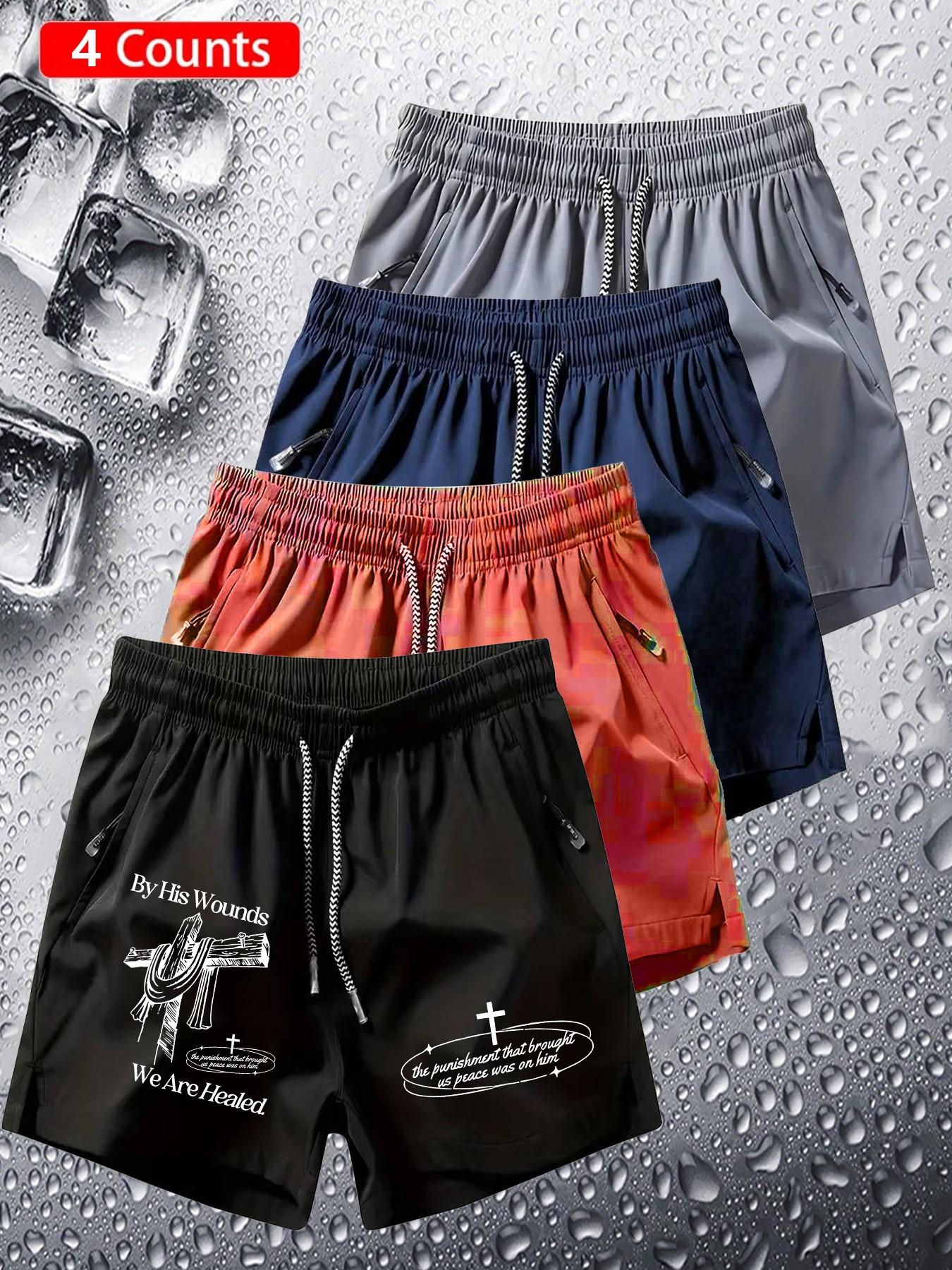 4 Pcs American Faith Shorts, Vintage Trendy, Cross Bible Verse Print, Quick-Dry Breathable Fabric, Unisex Sporty Shorts Set