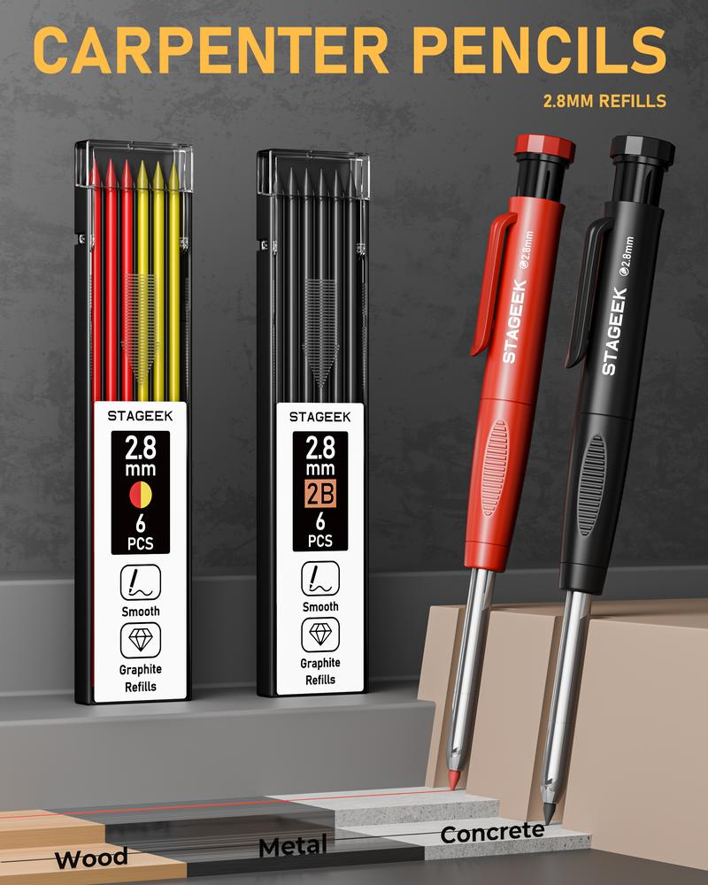 STAGEEK 2 Pack Carpenter Pencils with Sharpener, Mechanical Pencils Set with 26 Refills, Deep Hole Marker for Construction, Heavy Duty Woodworking Tools,Mechanical Pencil Set  for Architect(Black, Red) - With Case