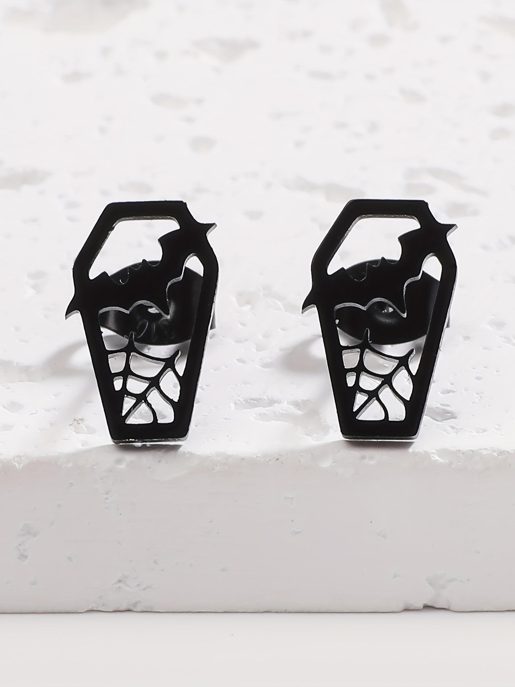 Unisex Silver Stainless Steel Gothic Bat-Coffin Stud Earrings - Witchy Spooky Jewelry, 1 Size, Lightweight Hypoallergenic, Fashionable Jewelry Accessories, Coffin Shape Halloween Fashion Accessory