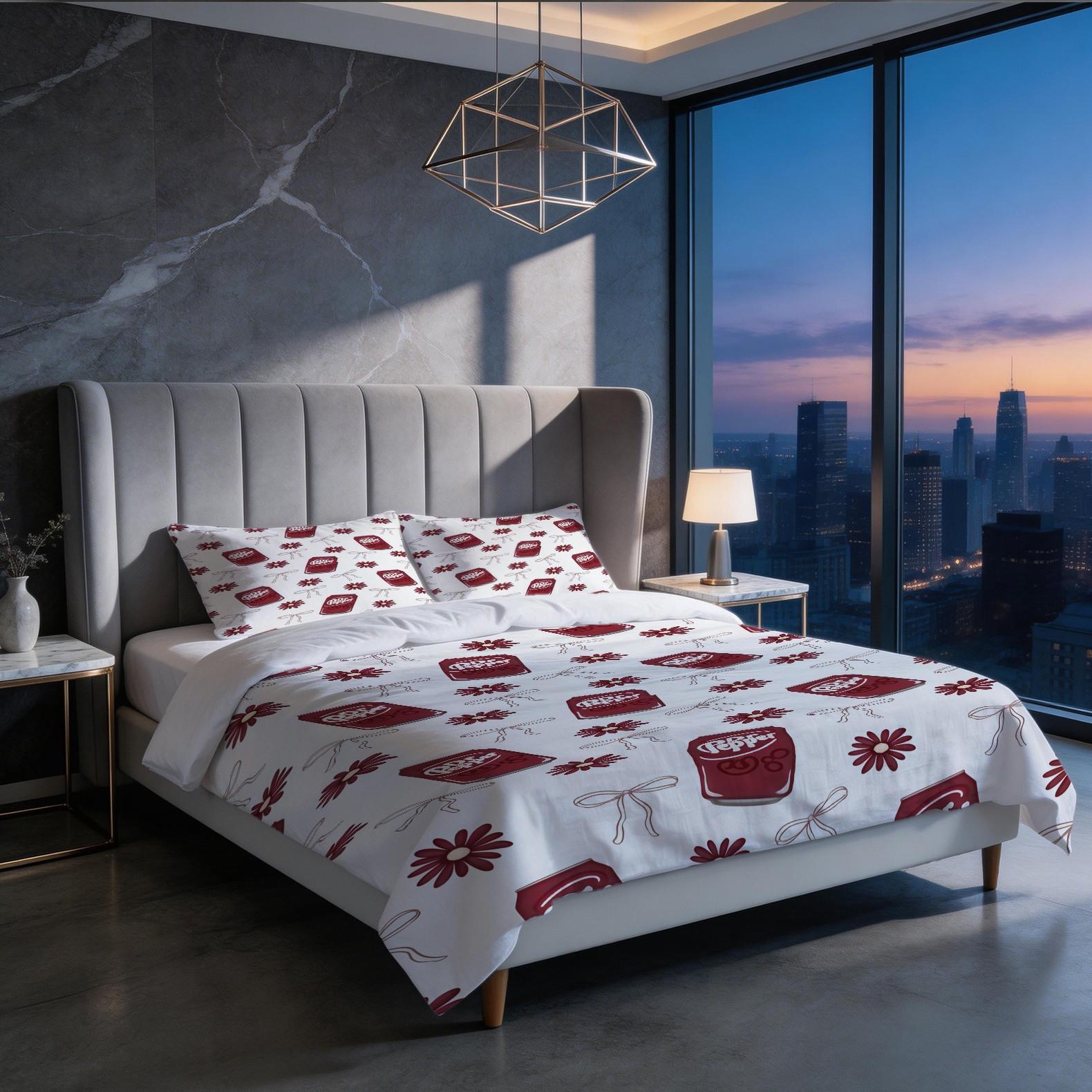 2/3 Piece Dr Pepper Duvet Cover Set, 1 Duvet Cover + 1/2 Pillowcases (NO FILLING INCLUDED), Retro Soda Drink Themed Bedding, Cute Floral Bedroom Decor for Soda Lovers, Ideal Gift for Dr Pepper Fans