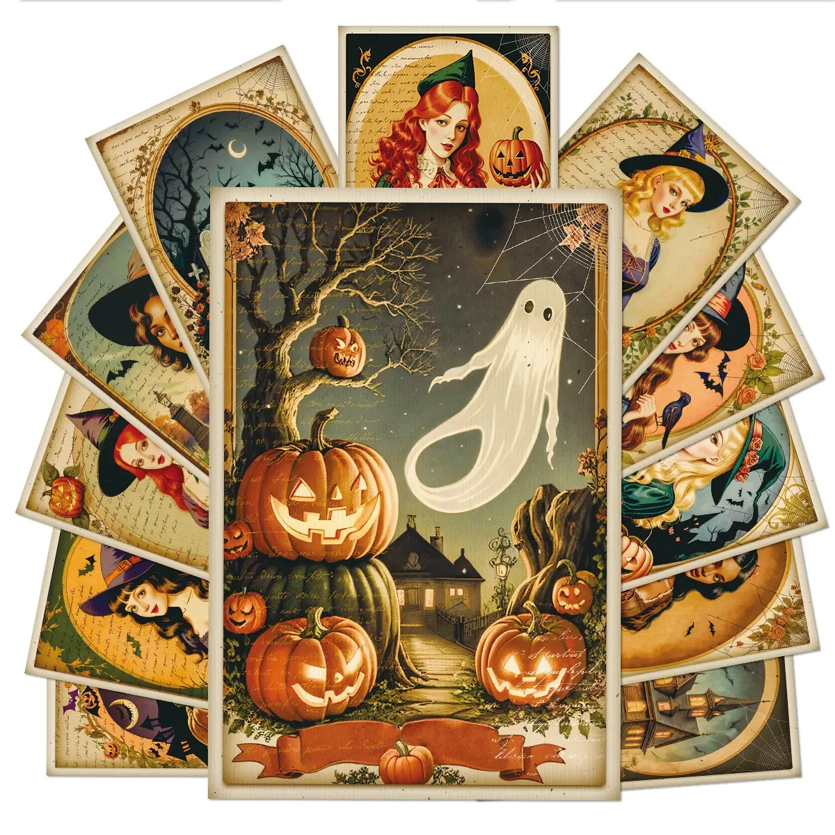 12Pcs Vintage Halloween Witch Postcards, Retro Pumpkin Bat Haunted House Ghost Art Print Cards, Antique Old Paper Style Witchy Postcards for Wall Collage Decor, Junk Journal, Halloween Greeting Card & Gift Giving