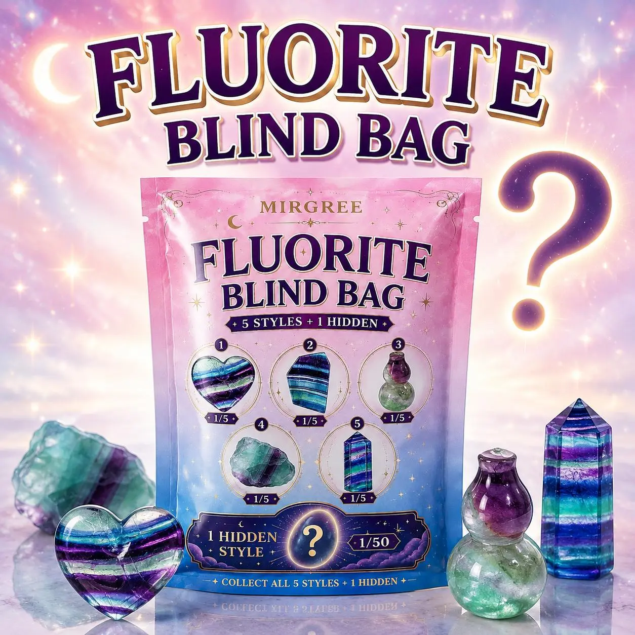 MIRGREE Fluorite Blind Bag, Random1/3/5PCS Natural Crystal Collectible, 5 Possible Styles Plus 1 Secret Style, Surprise Stone Gift for Adults