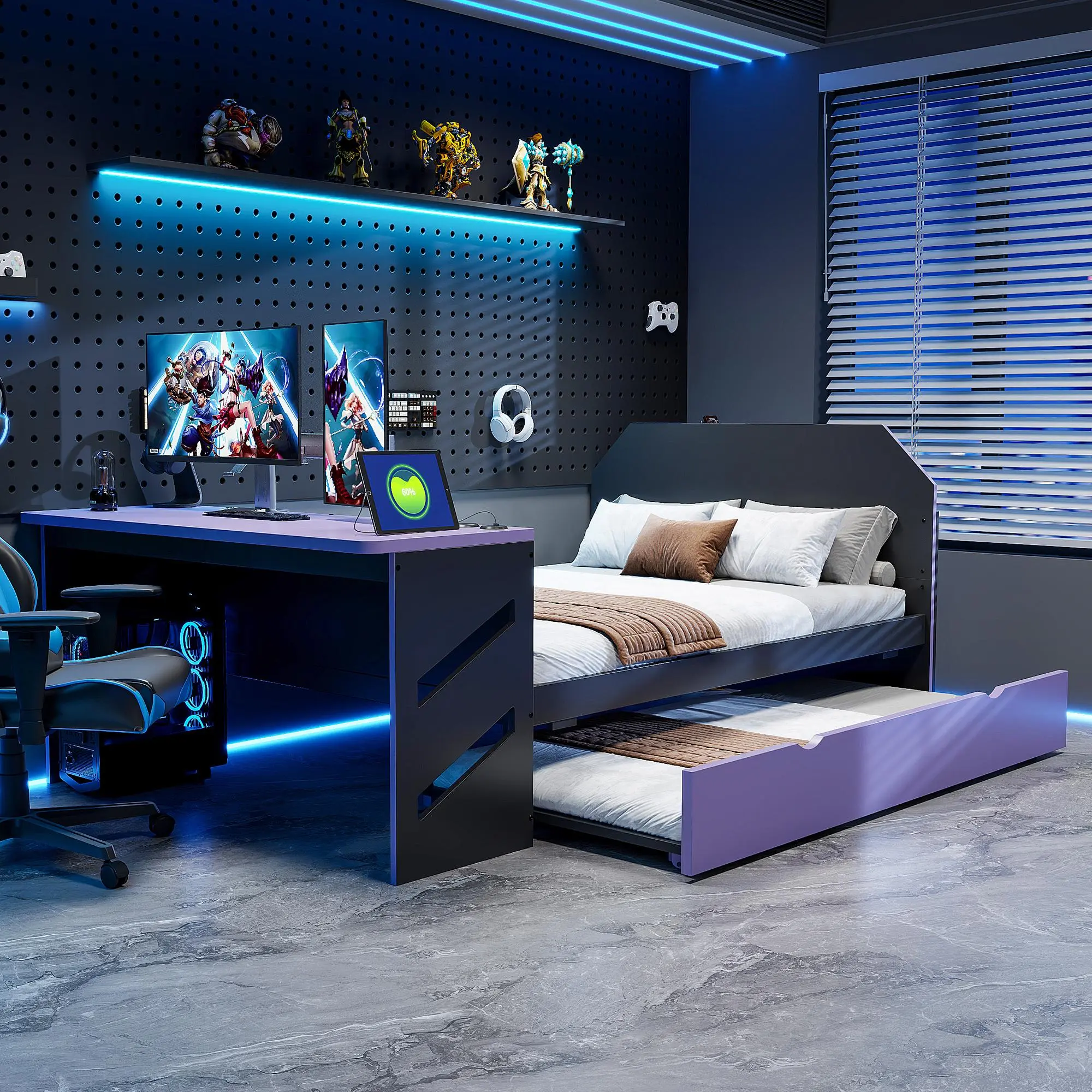 Full Size Wood Daybed with Twin Trundle and Desk with USB Port, Purple and Black Finish, Space-Saving Bed Frame for Bedroom or Dorm