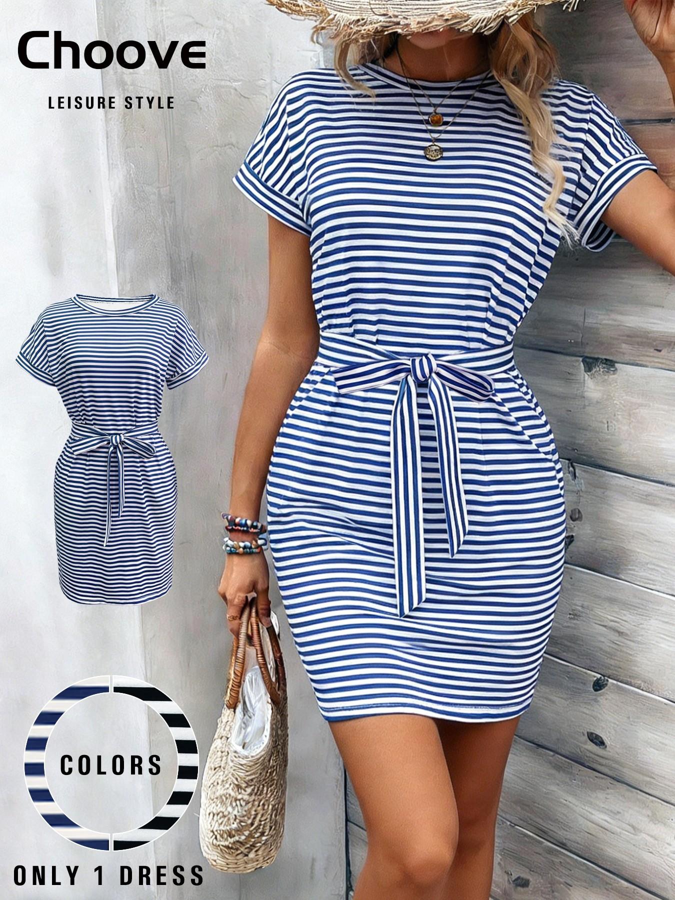 Women's Summer Dress with Belt, Pockets, Loose Fit, Soft Comfortable Fabric, Casual Style, Knee Length, Short Sleeve, Tie Front， Perfect For Daily Wear