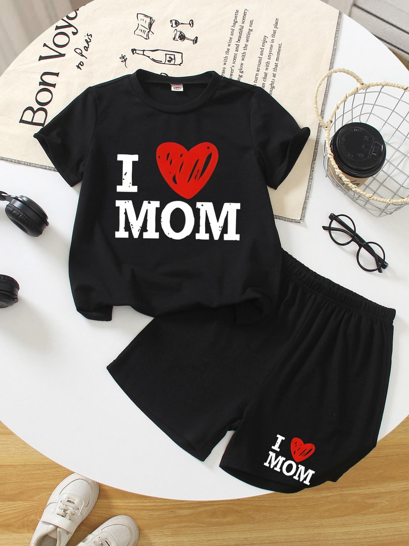 I Love Mom - Embroidered Children's Parental Affection Set. Summer New Style Boys' And Girls' Short-Sleeved T-Shirts And Shorts Set. Stylish, Comfortable, Casual, Fashionable And Versatile For Daily Use. #Father's Day# #Mother's Day# #Gift# #520#