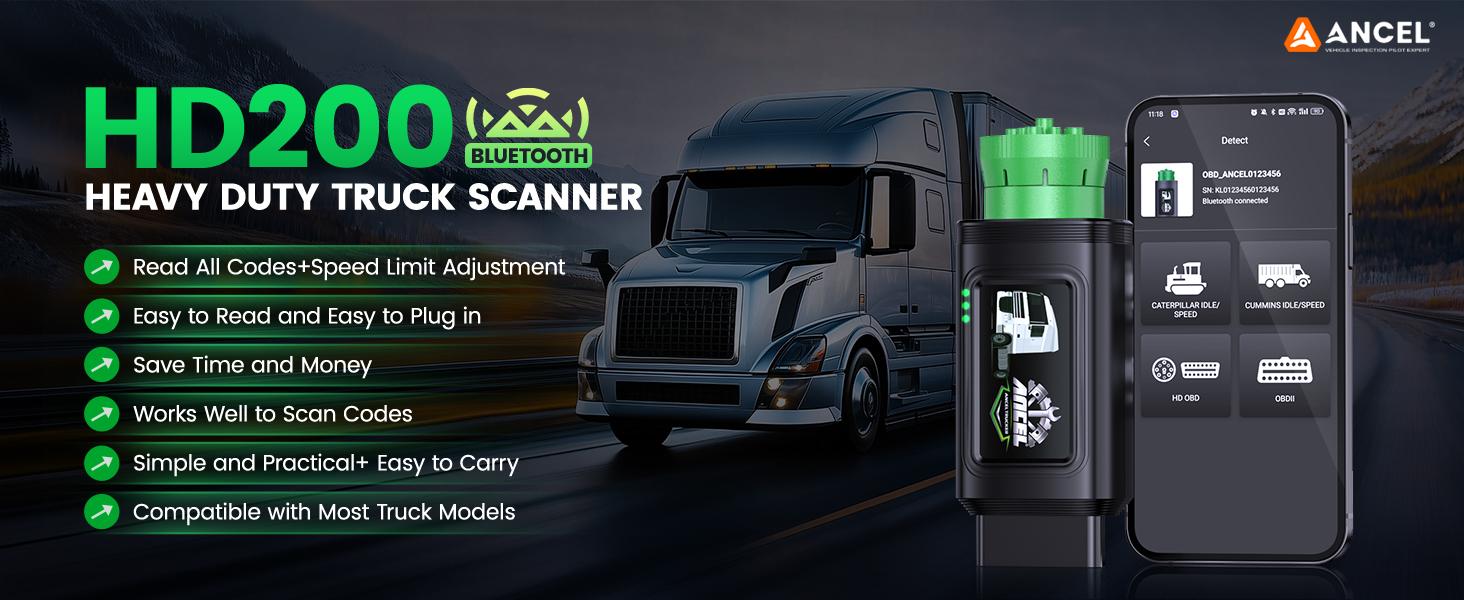 ANCEL HD200 Bluetooth Heavy Duty Truck Scanner, Speed Limit Reset Tool for Cummins & Caterpillar Engines Diesel Diagnostic Tool, All System 2 In 1 HDOBD & OBD2 Truck & Car Code Reader, Lifetime Free Updates, Auto Automotive Vehicle Repair  Tool