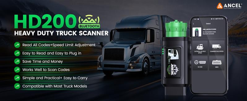 ANCEL HD200 Bluetooth Heavy Duty Truck Scanner, Speed Limit Reset Tool for Cummins & Caterpillar Engines Diesel Diagnostic Tool, All System 2 In 1 HDOBD & OBD2 Truck & Car Code Reader, Lifetime Free Updates, Auto Automotive Vehicle Repair  Tool