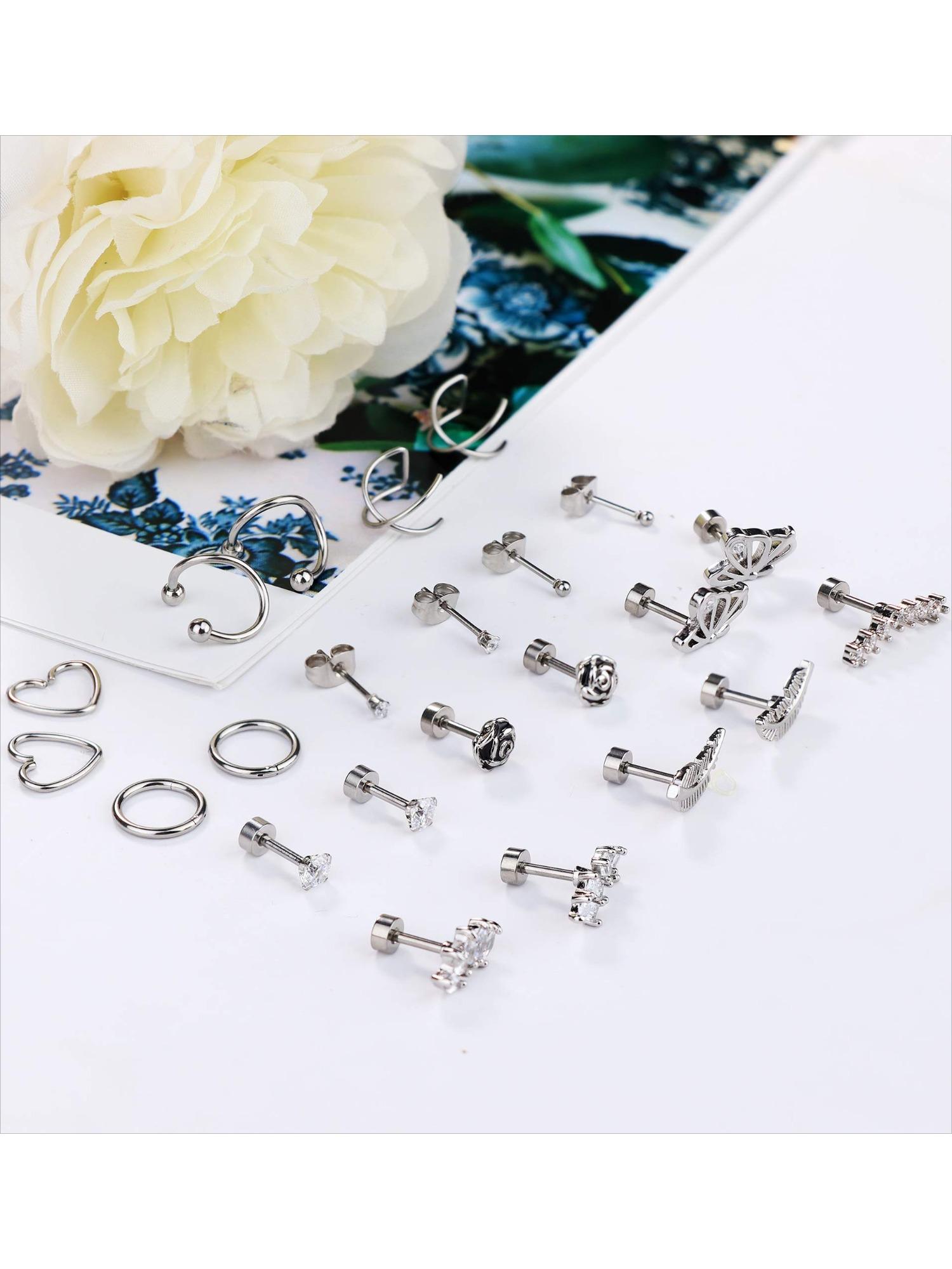 23 Pcs Silvery Multi-Piercing Earring Set for Women Men Stackable Styles in Hypoallergenic Stainless Steel Sparkling CZ Studs Lovely Tiny Feather Butterfly Heart Pendants Minimalist Mini Hoops for Diversified Layered Ear Styling