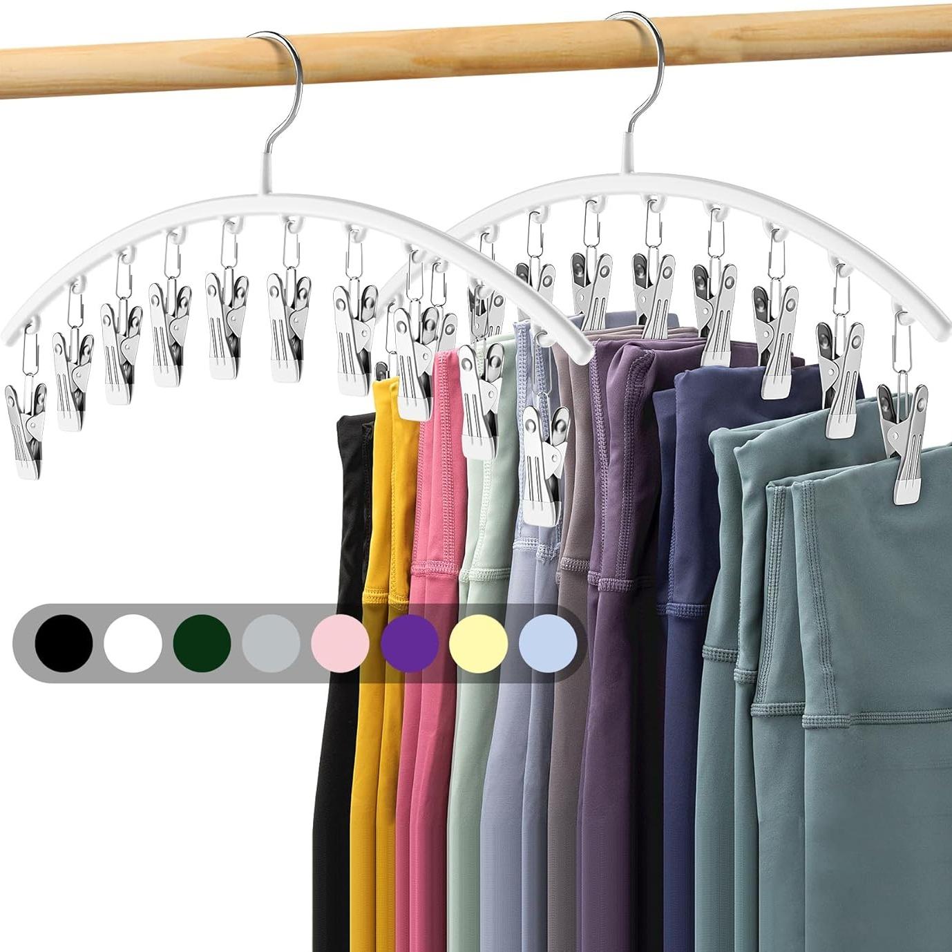 2-Pack: Curved Metal Yoga Pants Hangers With Clips, Curved Shape Hanger — Space-Saving Wardrobe Organizers, Featuring a Curved Design and Multi-Colored Stainless Steel Clips, These Hangers Are Windproof and Non-Slip — Each Pants Rack Includes 10 Clips