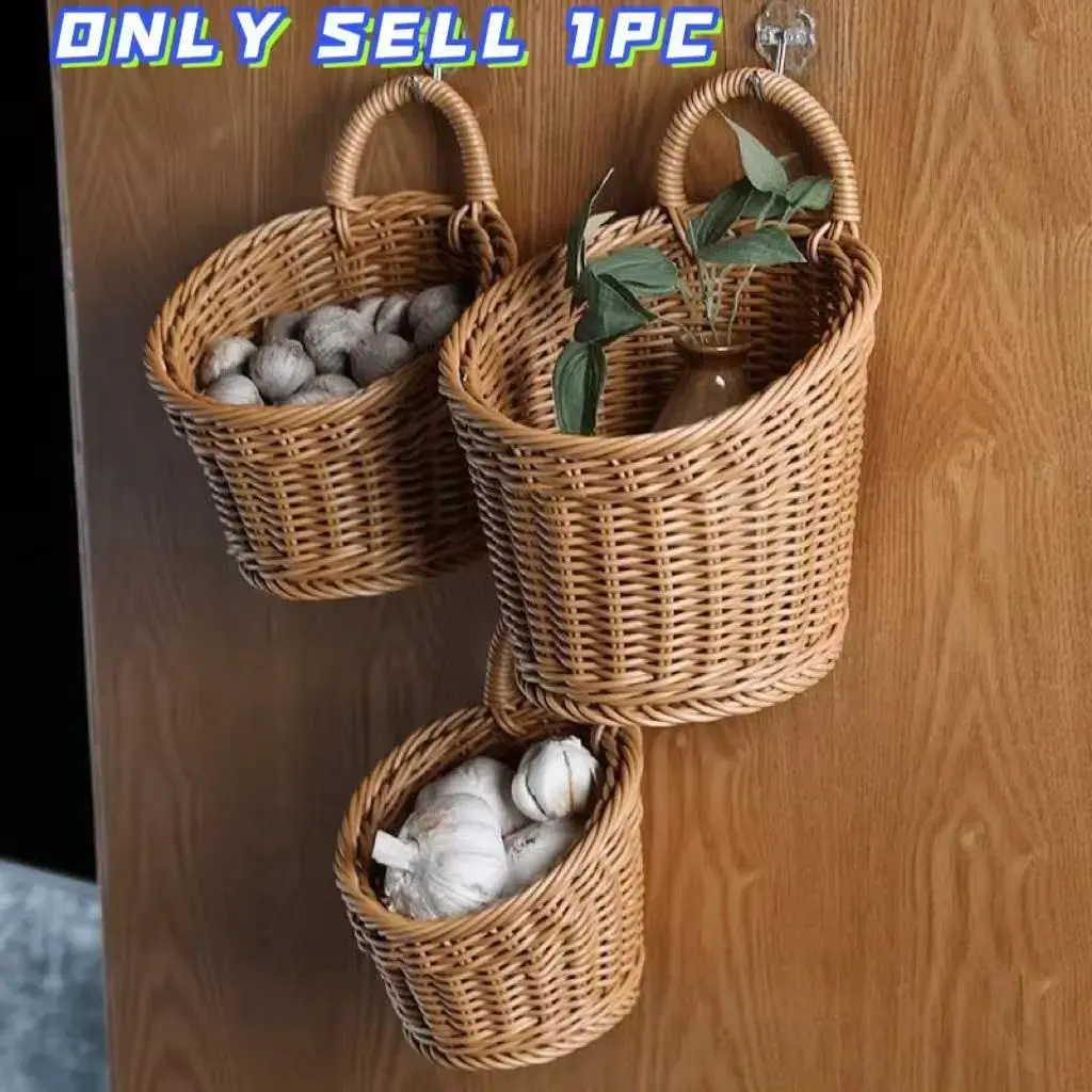 Vintage Bamboo Kitchen Storage Basket, Wall-Mounted Hanging Organizer, Handheld Small Flower Pot, Rustic Home Decor Accessory, Lightweight Decorative, Weaving Basket, Decoration Basket, Basket With Handles