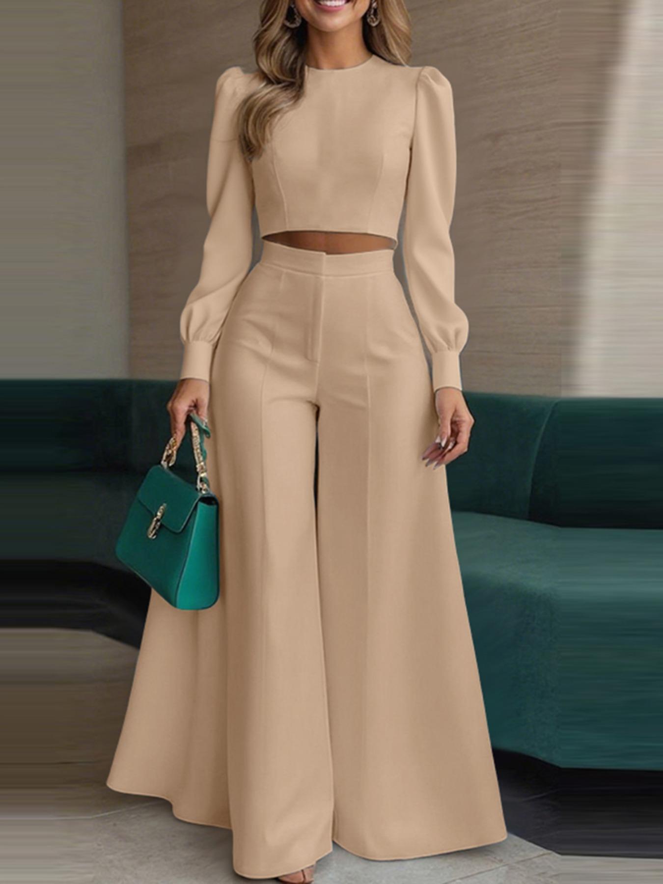 Women's Casual Two-Piece Set, Round Neck Long Sleeve Top & High Waist Wide Leg Pants, Office Style for Daily Wear