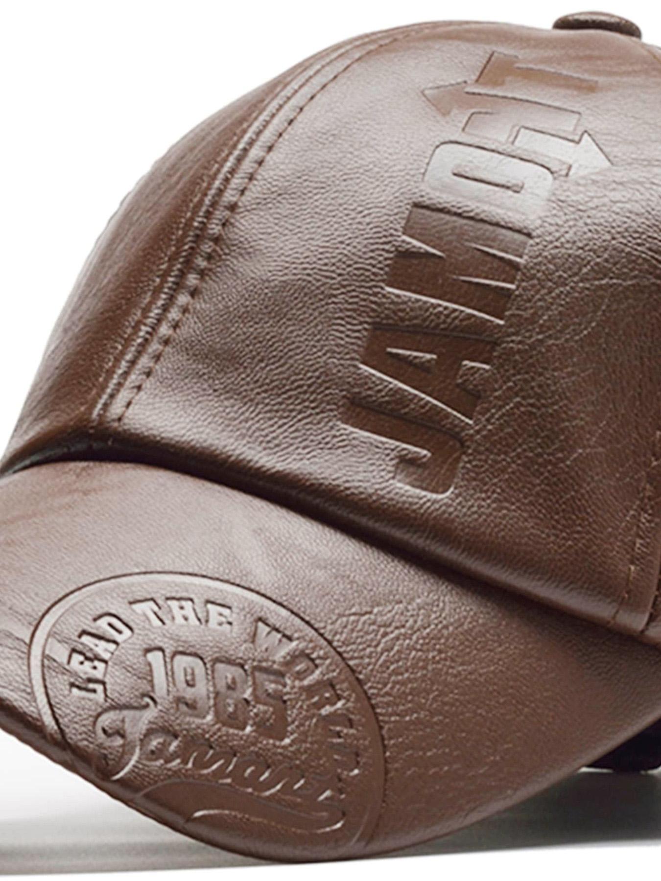 Trendy Cool PU Leather Letter Print Texture Baseball Cap, Outdoor Adjustable Casual Sun Protection Sports Cap, Autumn and Winter Travel Travel Seaside Party Accessories, Unisex