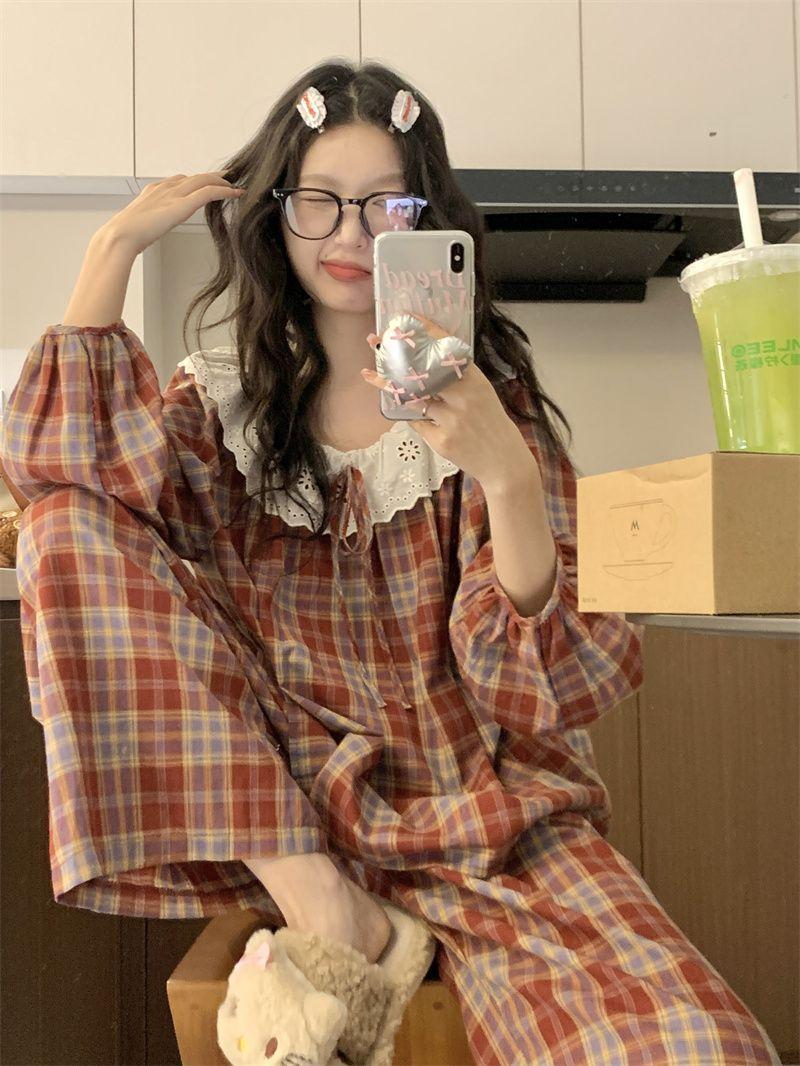 Women's 2025 Autumn New Cotton Lace Plaid 2-Piece Longsleeves Crew Neck Pajama Set - Lady's Cotton Waist Pants, Lounge Pjs Set, Home Sleepwear Loungewear