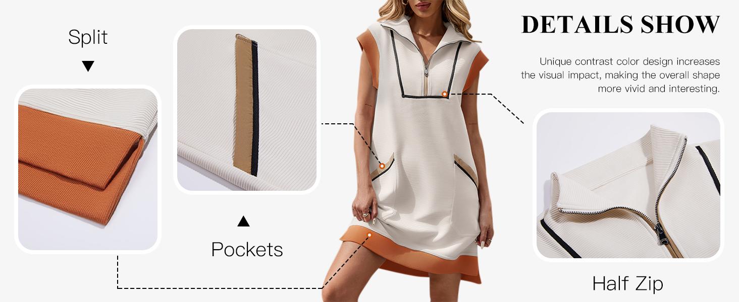 Fisoew Womens Summer Sleeveless Mini Dress Casual Half Zip Cap Sleeve Contrast Loose Sweatshirt Dresses