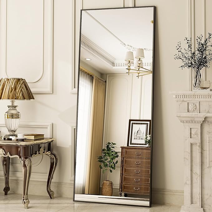 Floor Standing Mirror, Wall Mirror with Stand Aluminum Alloy Thin Frame，Full Length Mirror Wall Mirror 64"x21" Gold Standing Mirror Floor Mirror Aluminum Alloy Frame Full Body Mirror for Living Room Bedroom