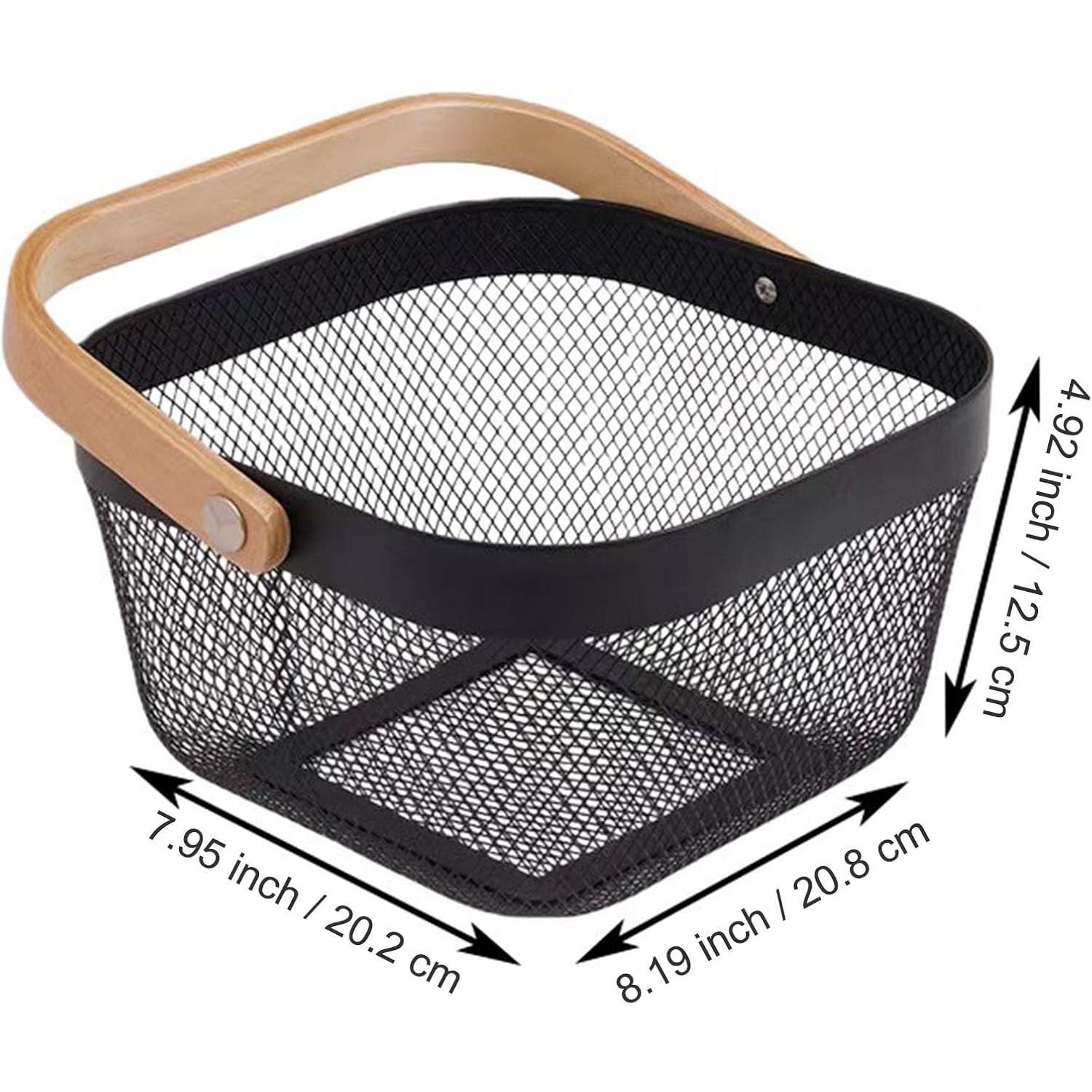 Metal Mesh Wire Basket, Mini Steel Basket with Wooden Handle Storage Organizer Basket Multi-functional  Kitchen Baskets Fruit Baskets for Kitchen Bathroom Cabinet Pantry Snacks, Black