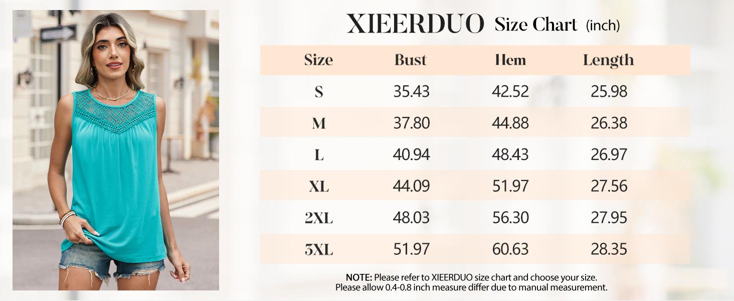 XIEERDUO Womens Tank Tops Sleeveless Lace Crochet Boho Tops Loose Fit Pleated Tunics Crewneck Summer Vacation Outfits Flowy