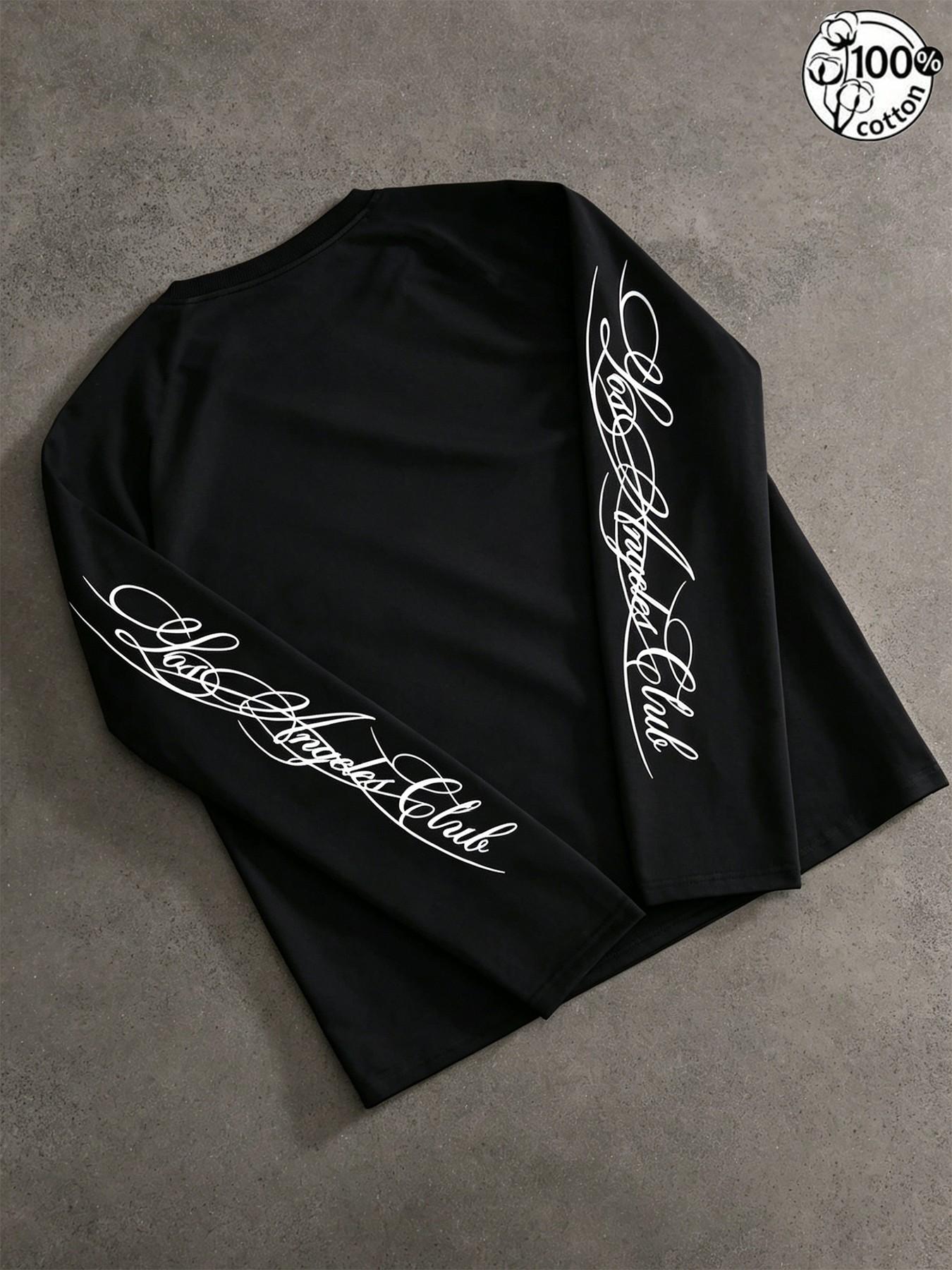 Unisex 100% Cotton Multi-Color Vertical Sleeve Script Lettering Long Sleeve Tee Mini Chest Logo Chicano American Streetwear Oversized Casual Top