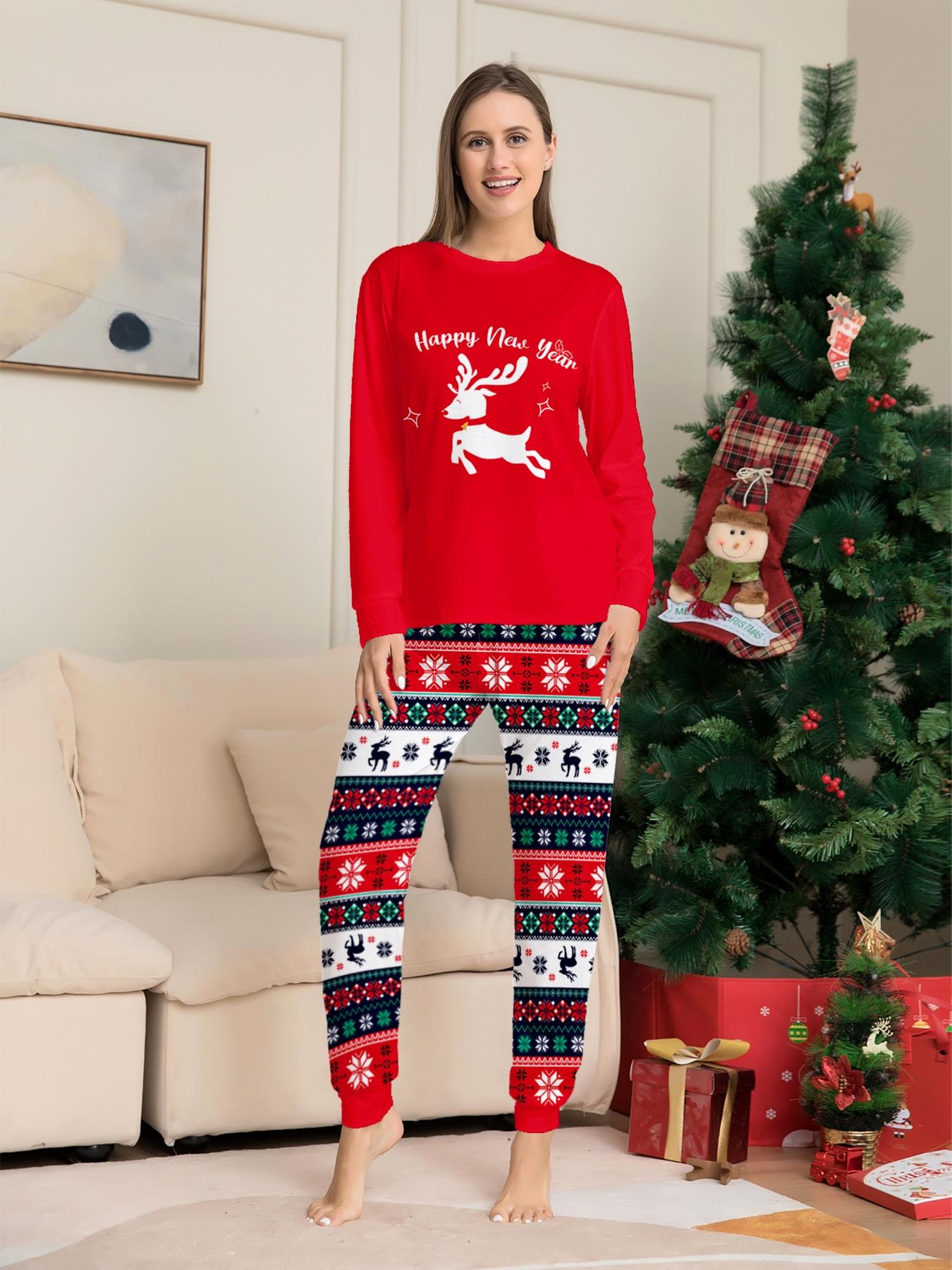 Christmas EIk Famly Matching Pajamas Set 4 Pcs Long Sleve Rd Xmas Printed Sofit Warm Loungeweas Holiday Family Sleepwear for Men Women Kids Chistmas Gif Outft