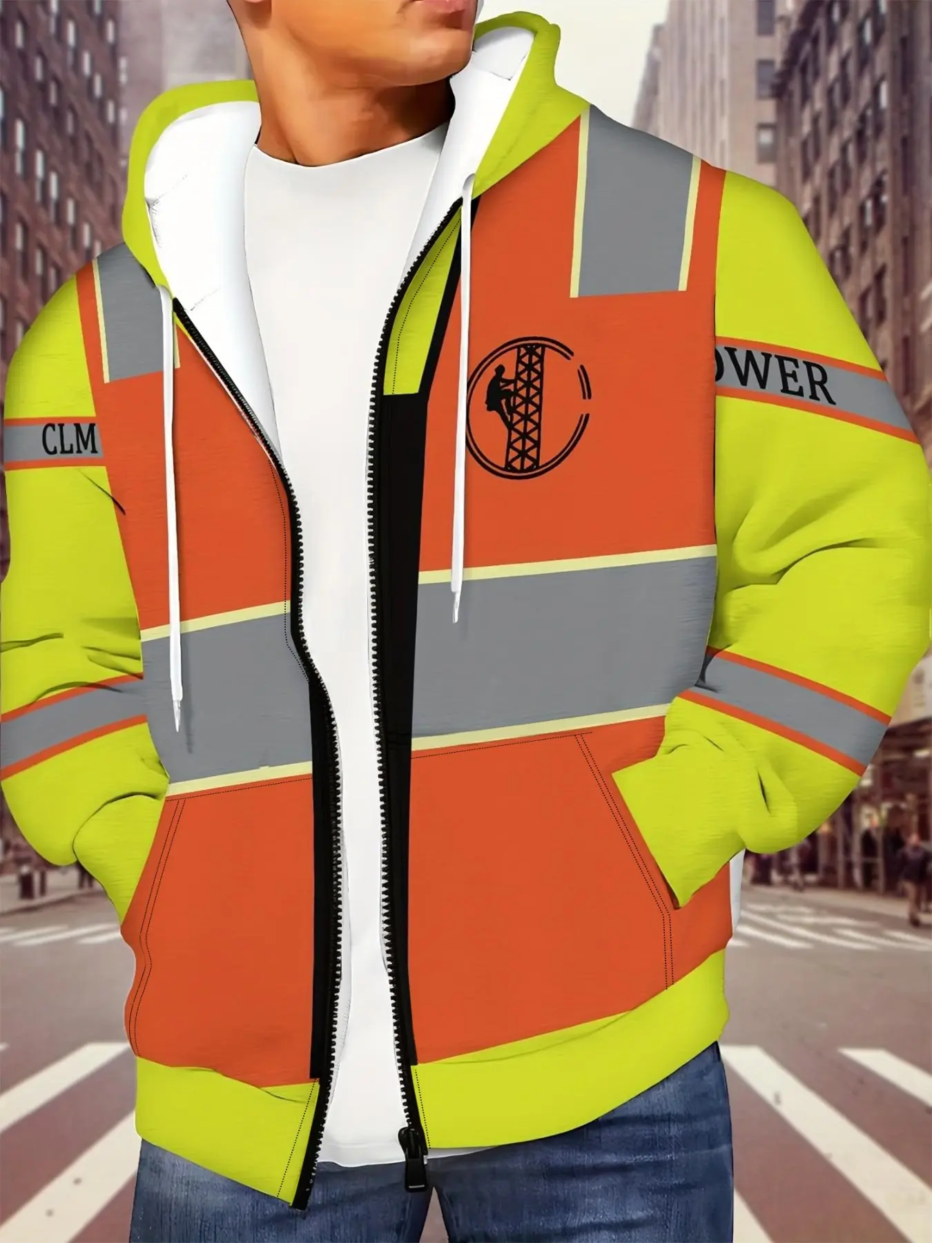 Men's Zipper Hooded Open Front Block Reflective Stripe Power Worker Print Workwear Casual Long Sleeve Jacket